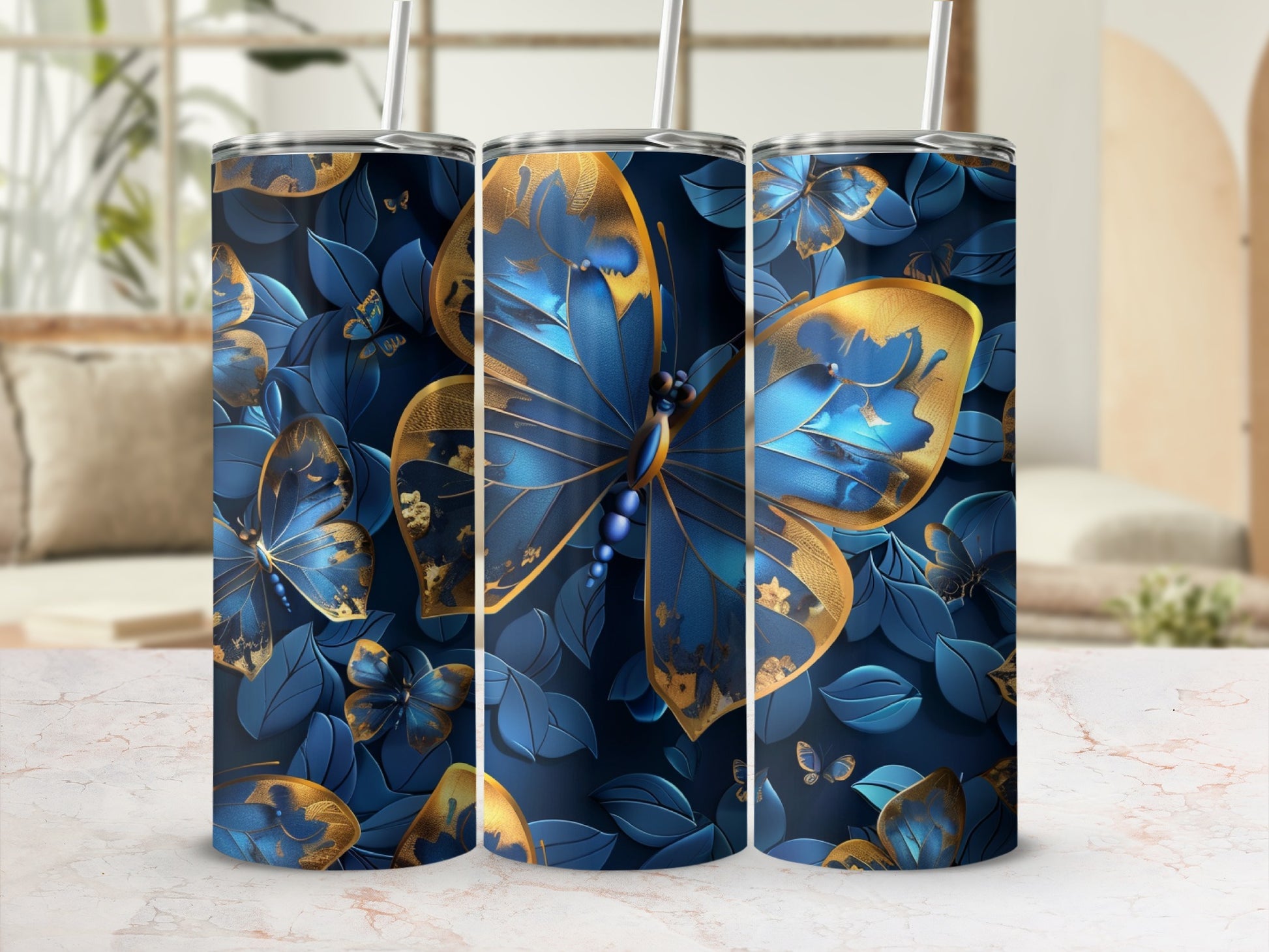 Blue and gold butterflies with floral accents on a dark background.