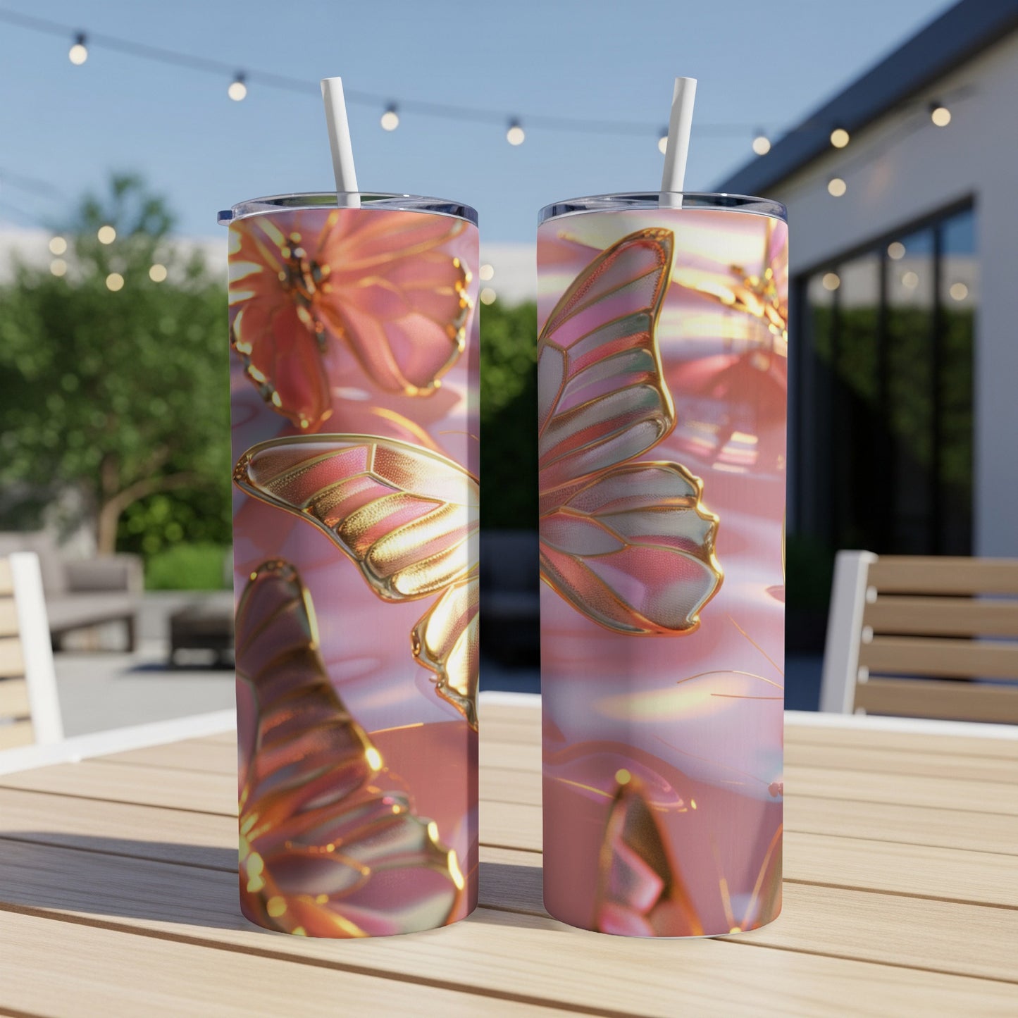Two tumblers with iridescent butterfly wings design.