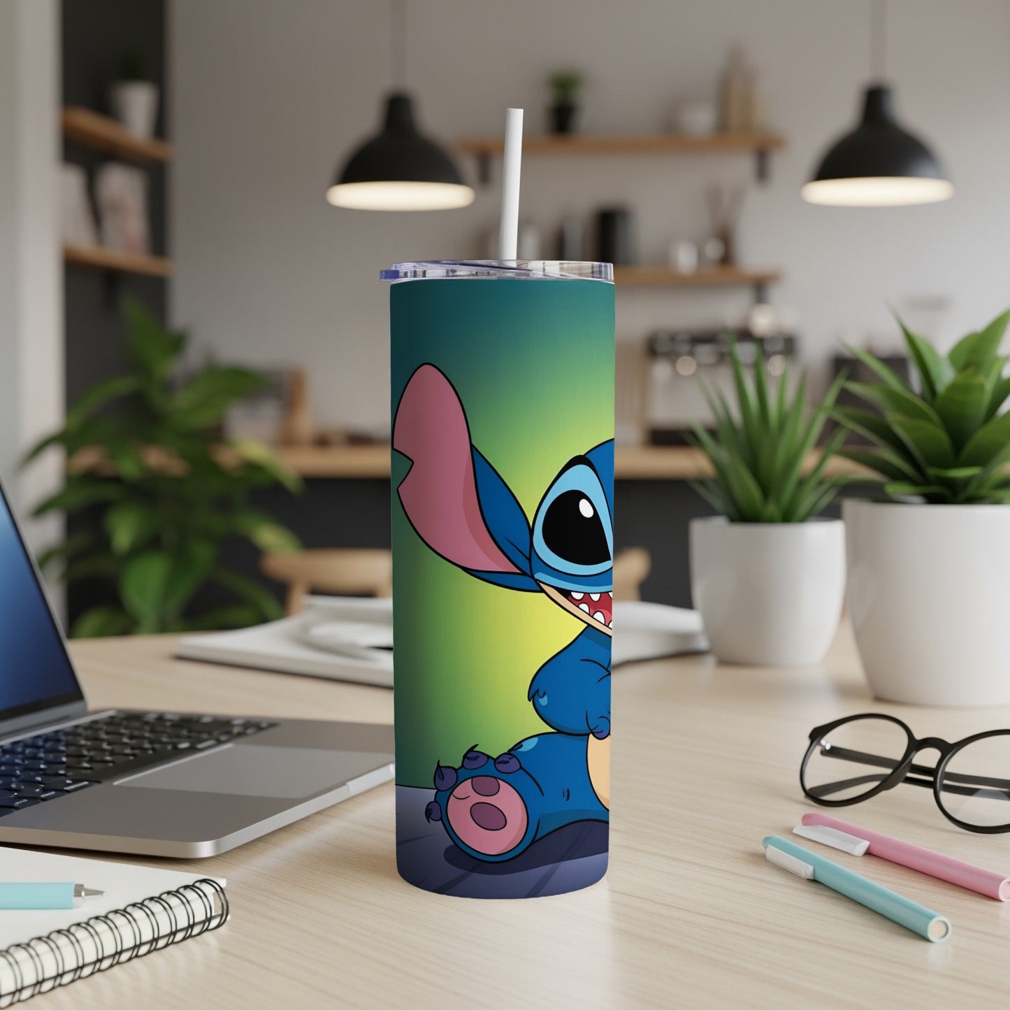 Stitch from Lilo & Stitch on a green gradient tumbler with a straw.