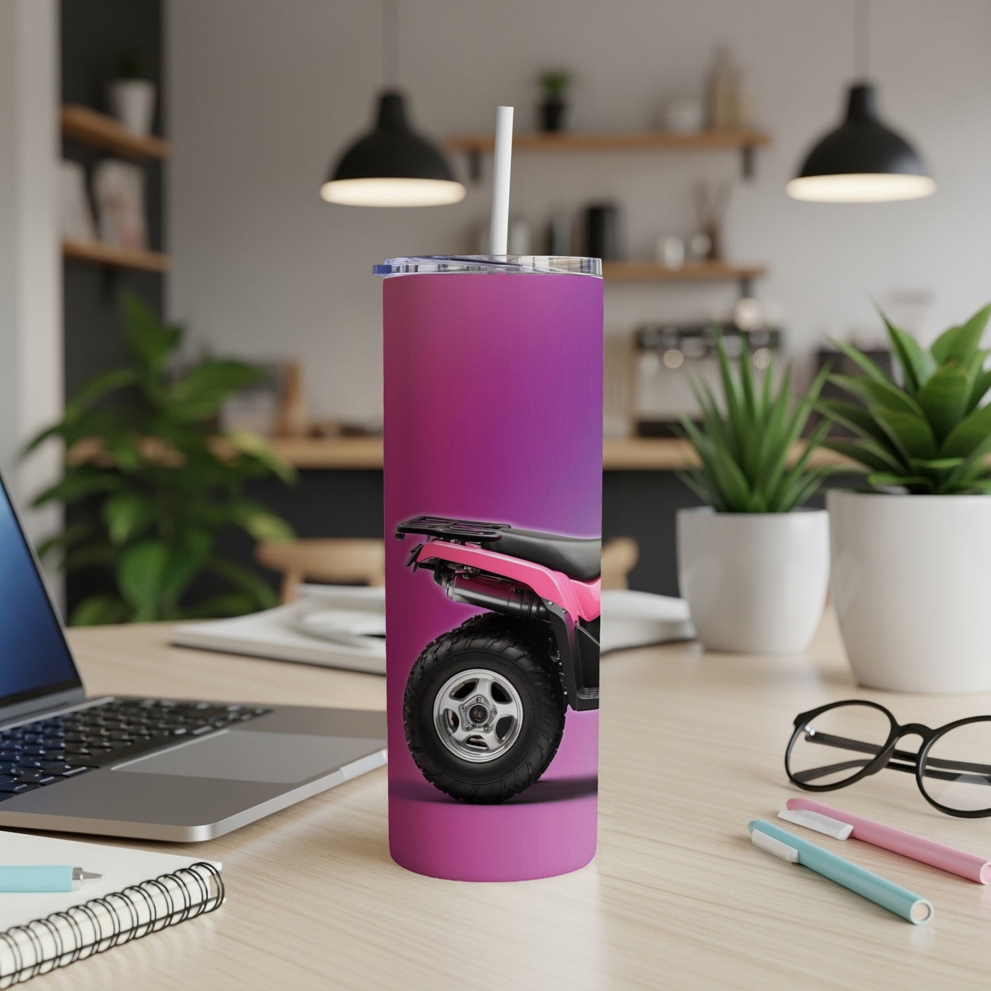 Pink tumbler with a matte gradient finish, featuring an all-terrain vehicle on the front.