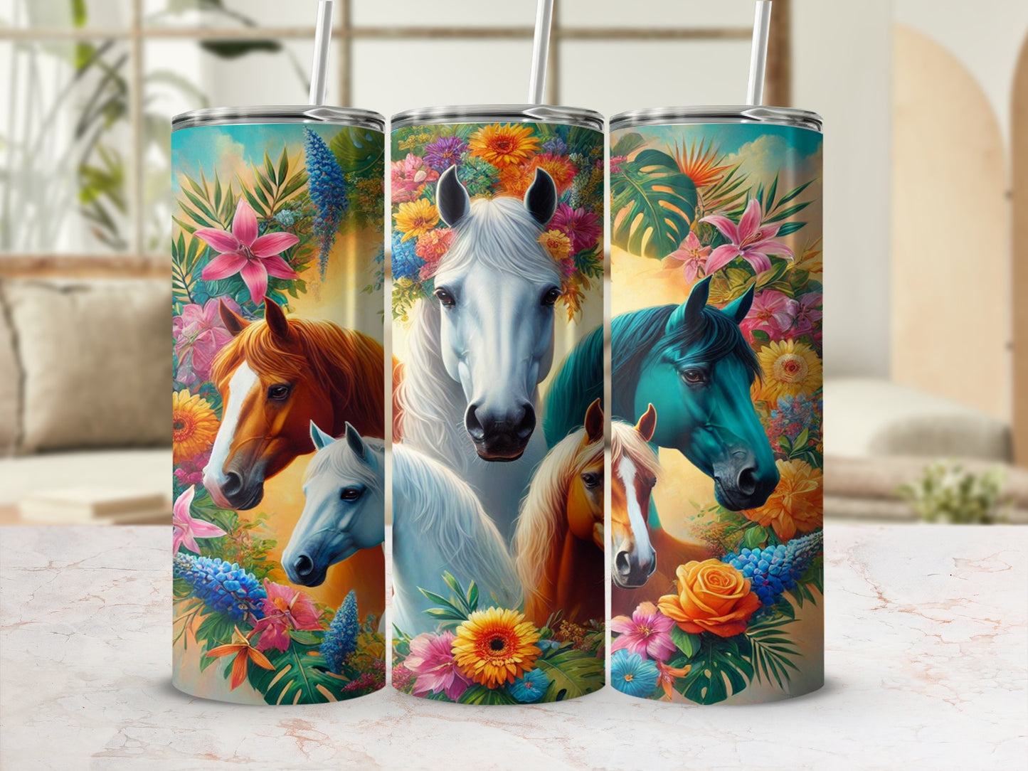 Colorful Floral Horse Design Tumbler for Equestrian Fans