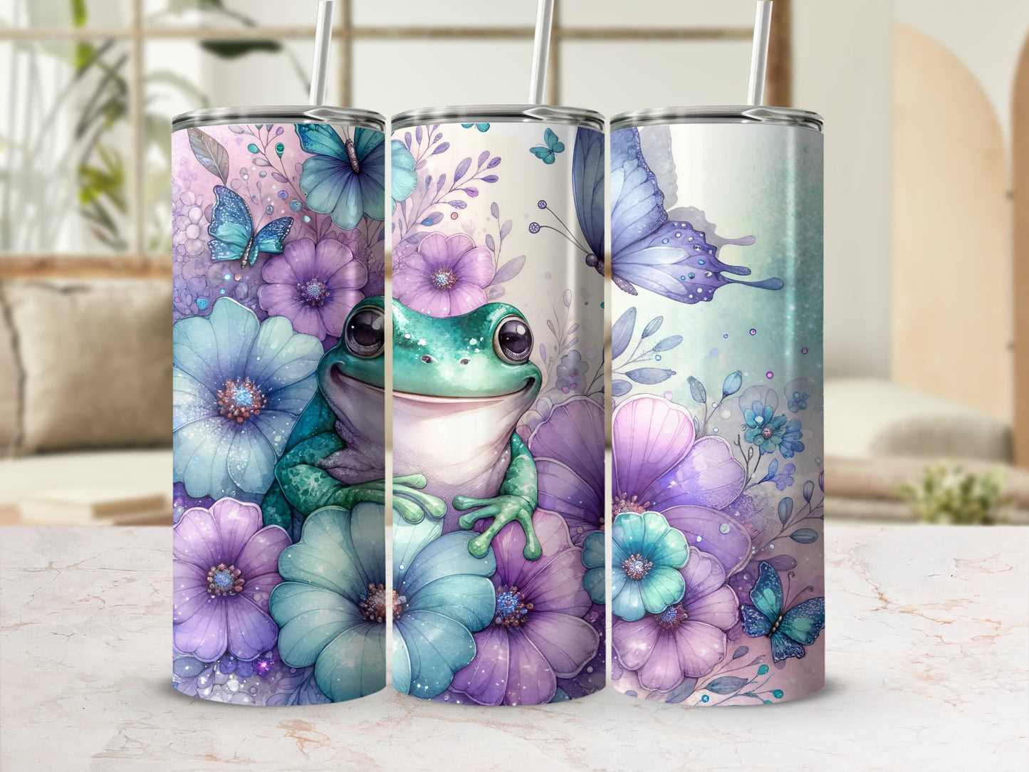 Frog and Flowers with Butterflies Design Tumbler