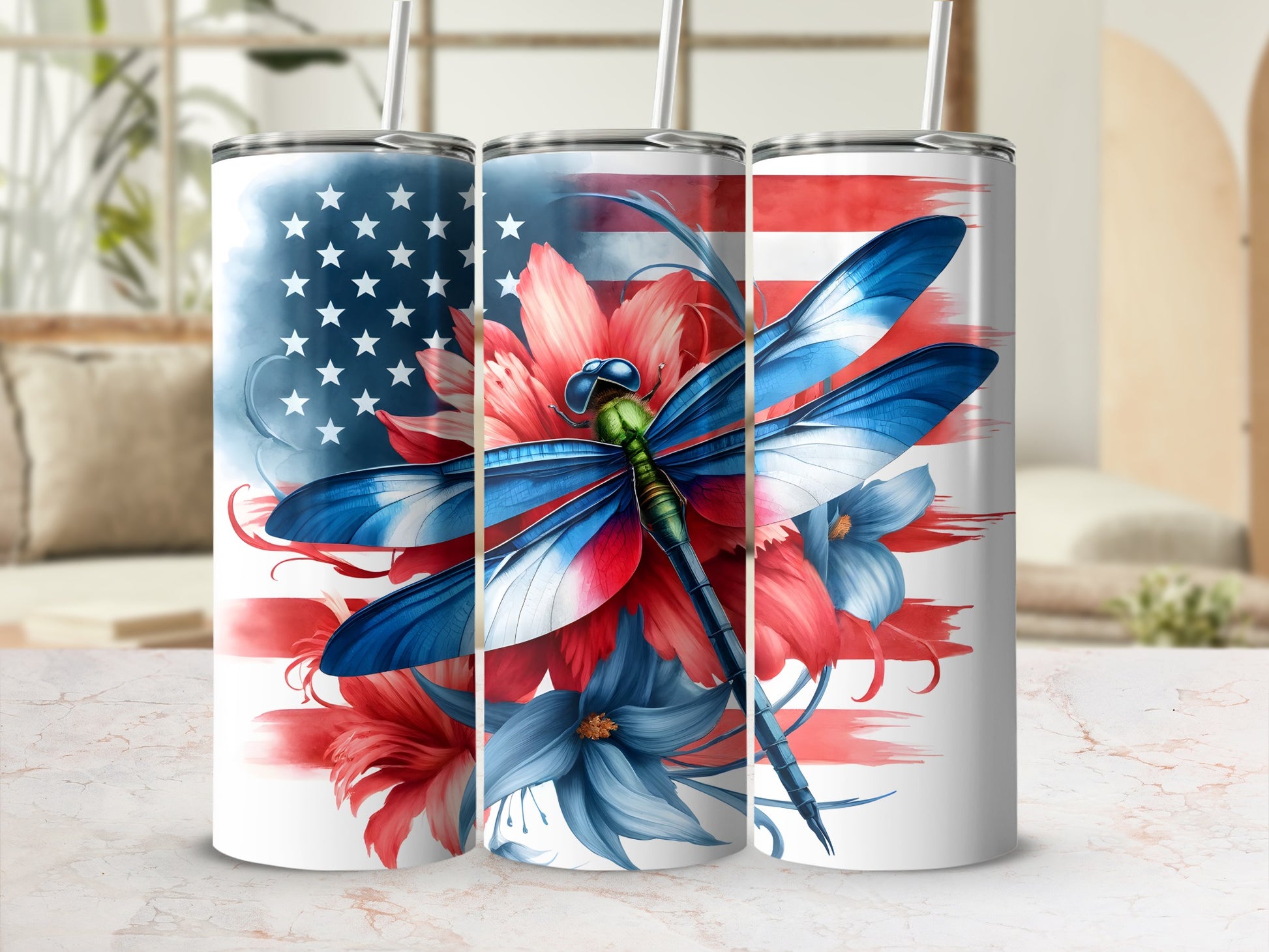 Dragonfly on patriotic floral background, USA flag colors, three tumblers.