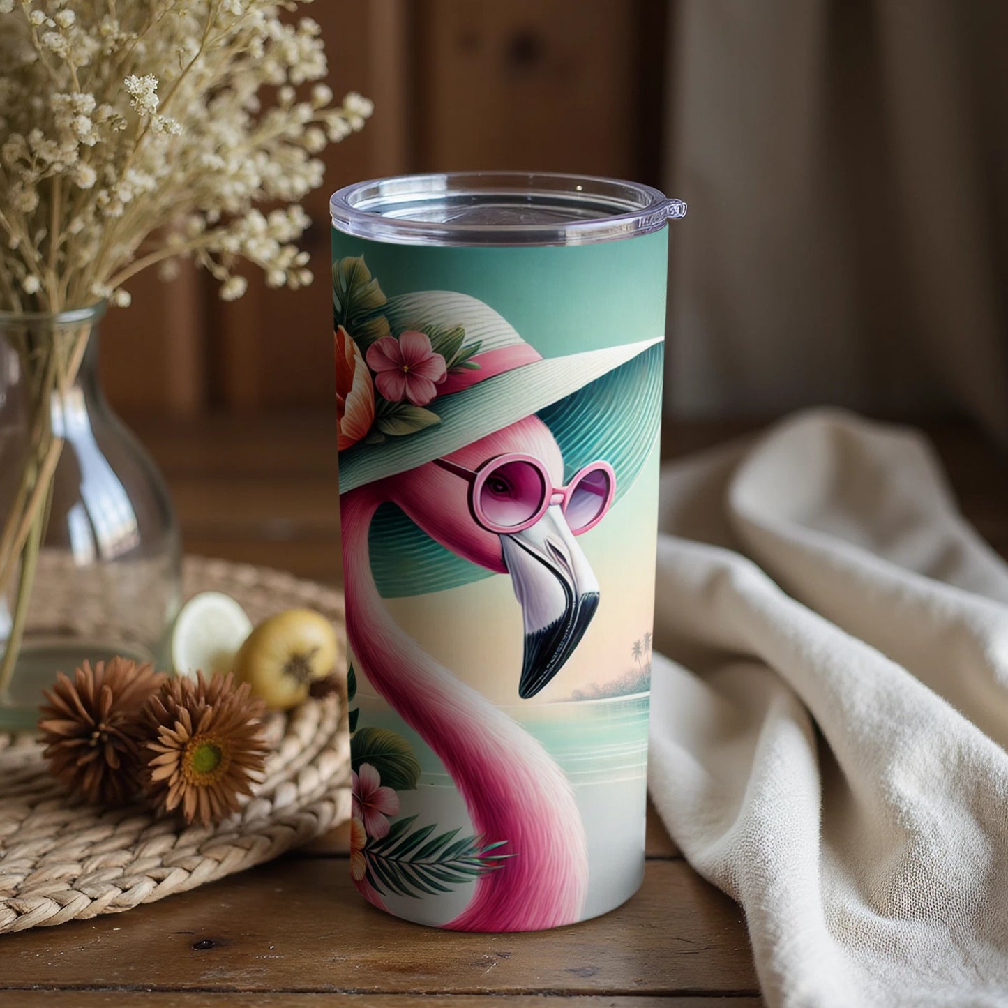 Pink Flamingo in Sun Hat and Sunglasses Tumbler Product