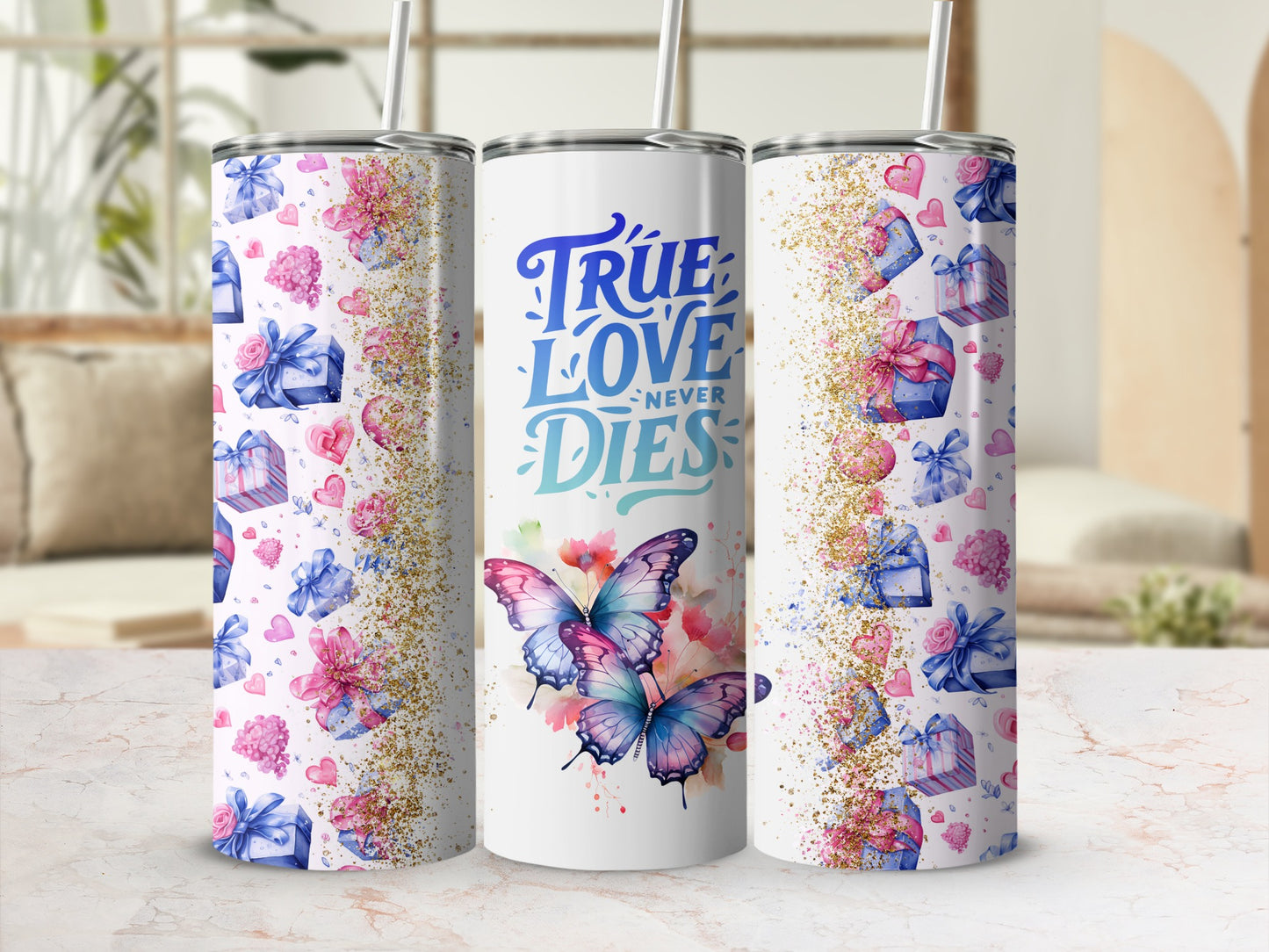 True Love Never Dies Butterfly Glitter Tumbler