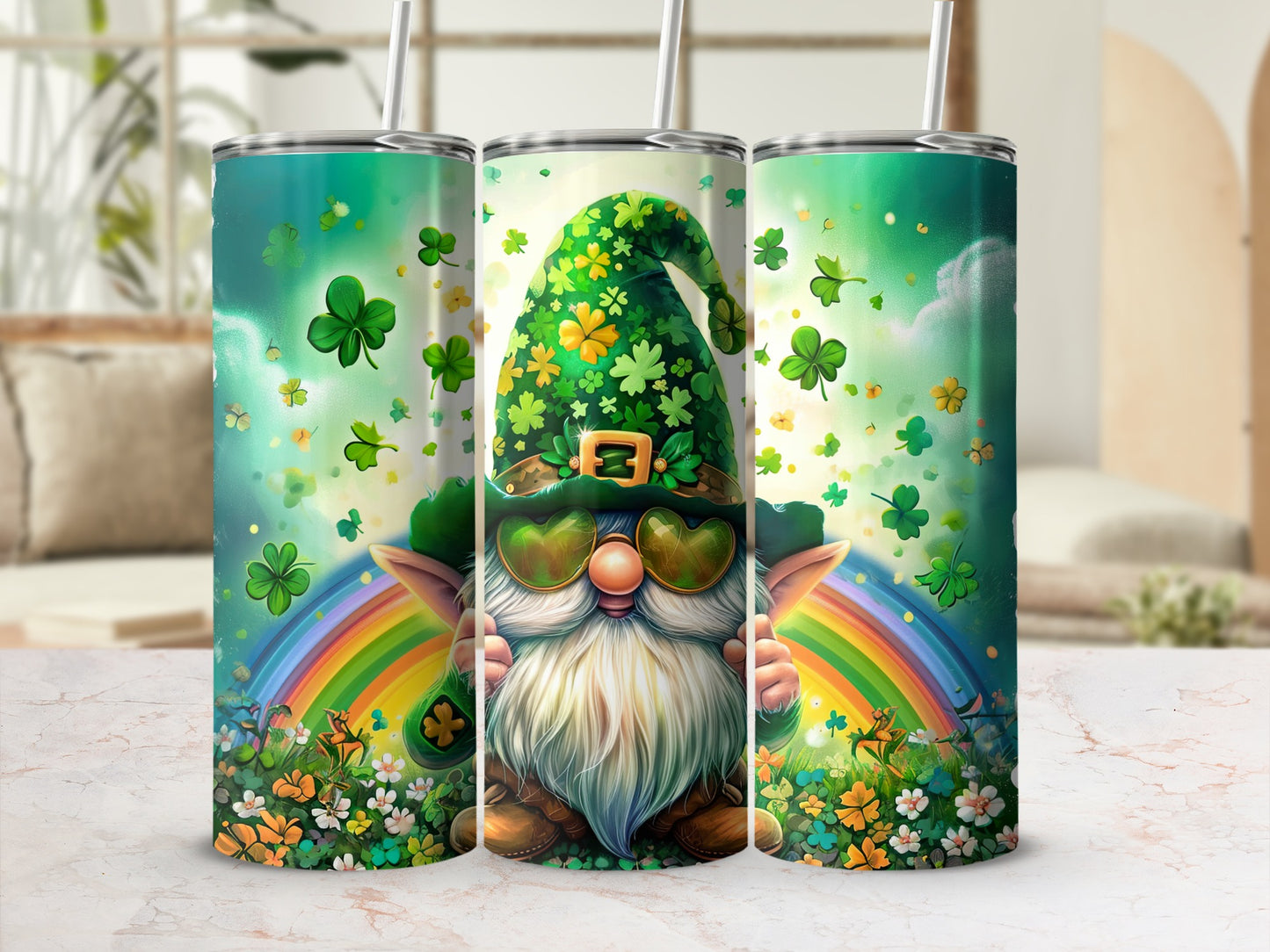 St. Patrick's Day gnome with rainbow and shamrocks on a tumbler.