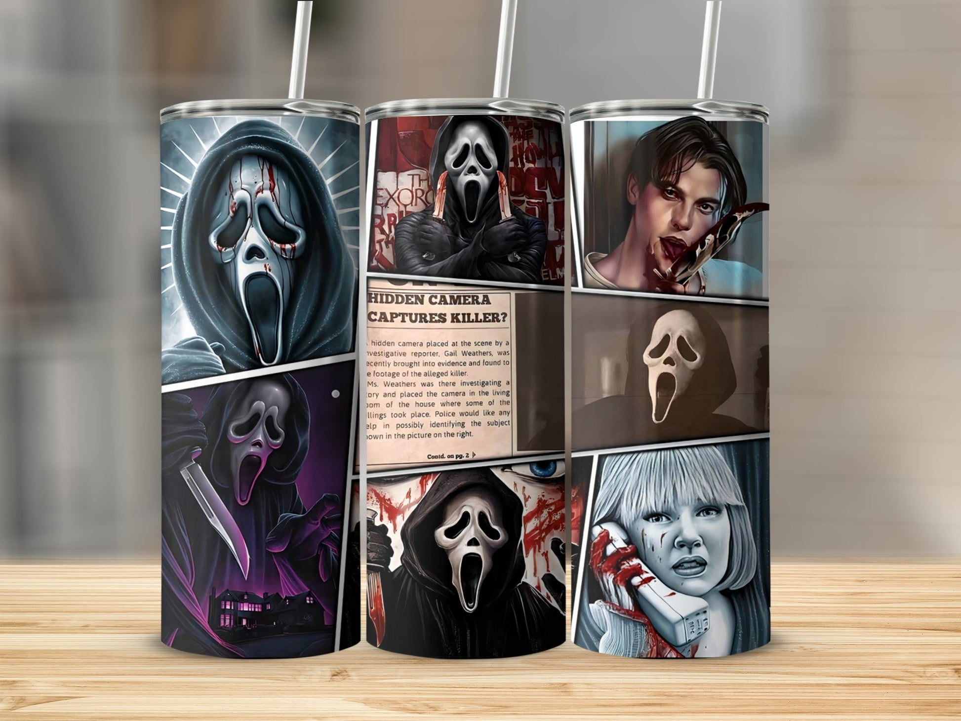 Ghostface mask and horror scenes on a patterned tumbler.