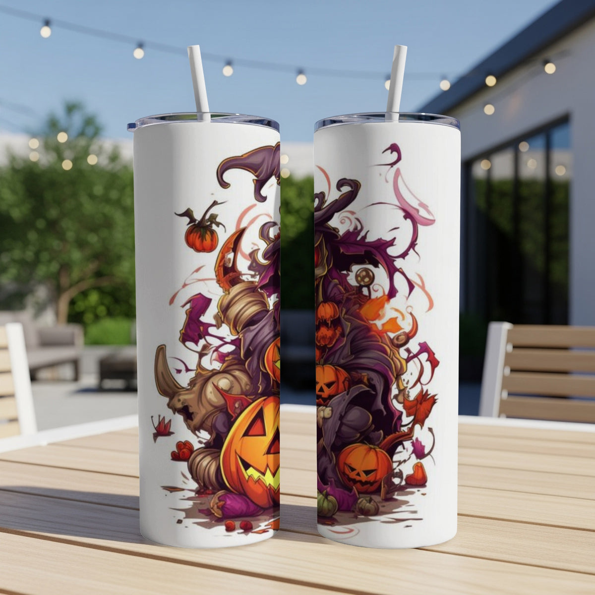 Two white tumblers featuring a Halloween collage with pumpkins, a witch, and a monster.