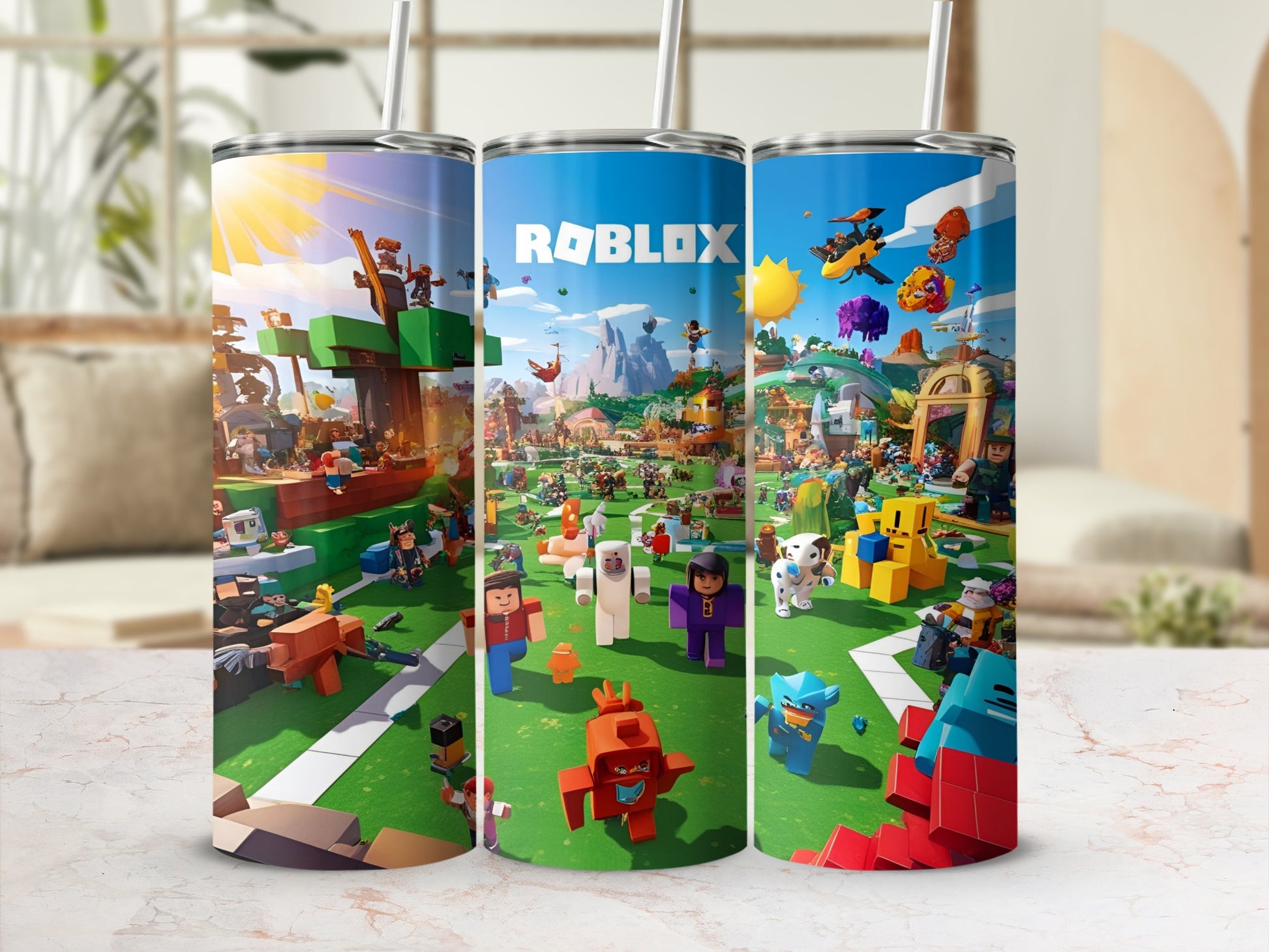 Roblox characters on a tumbler with a grassy, playful background.