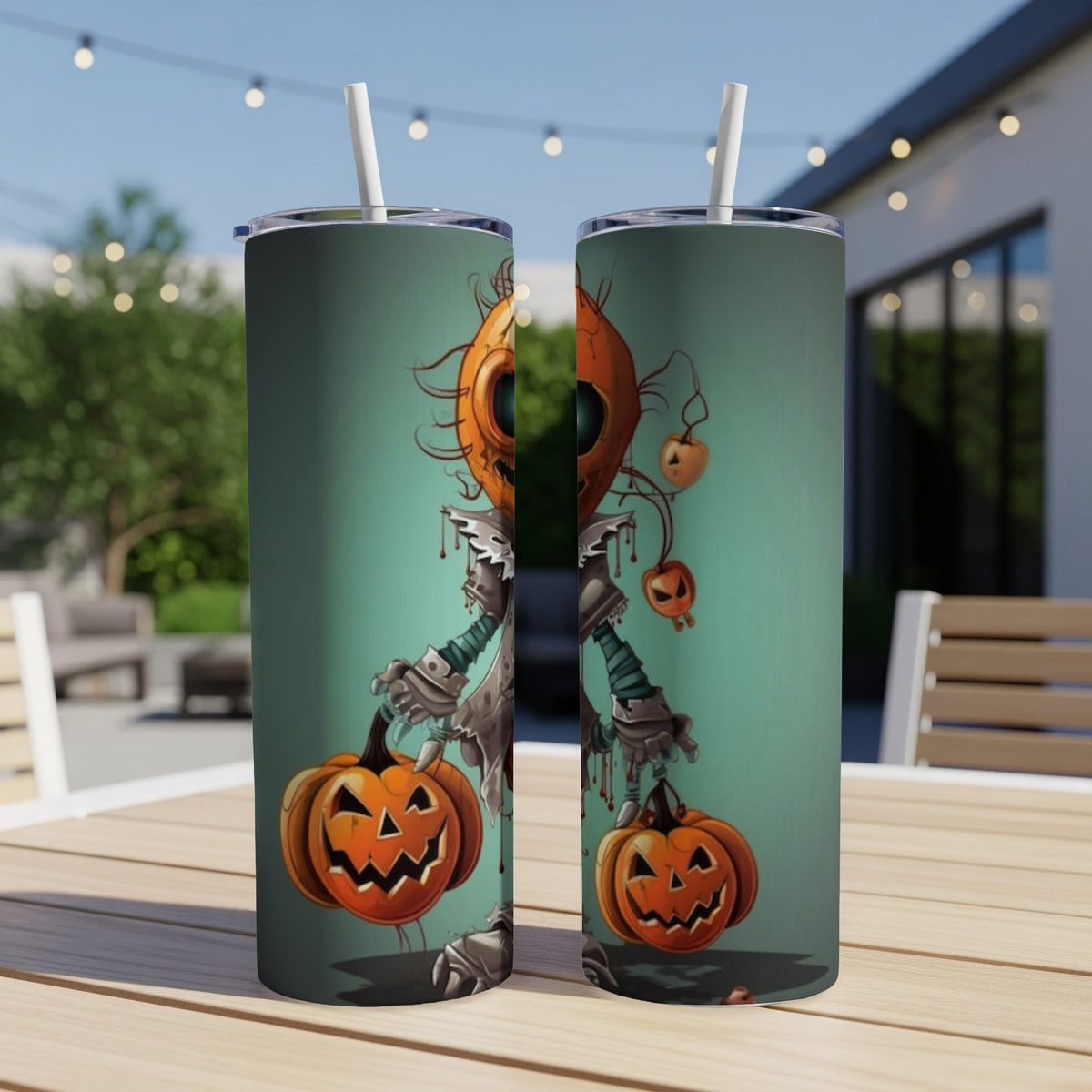 Two tumblers with a spooky pumpkin character design.
