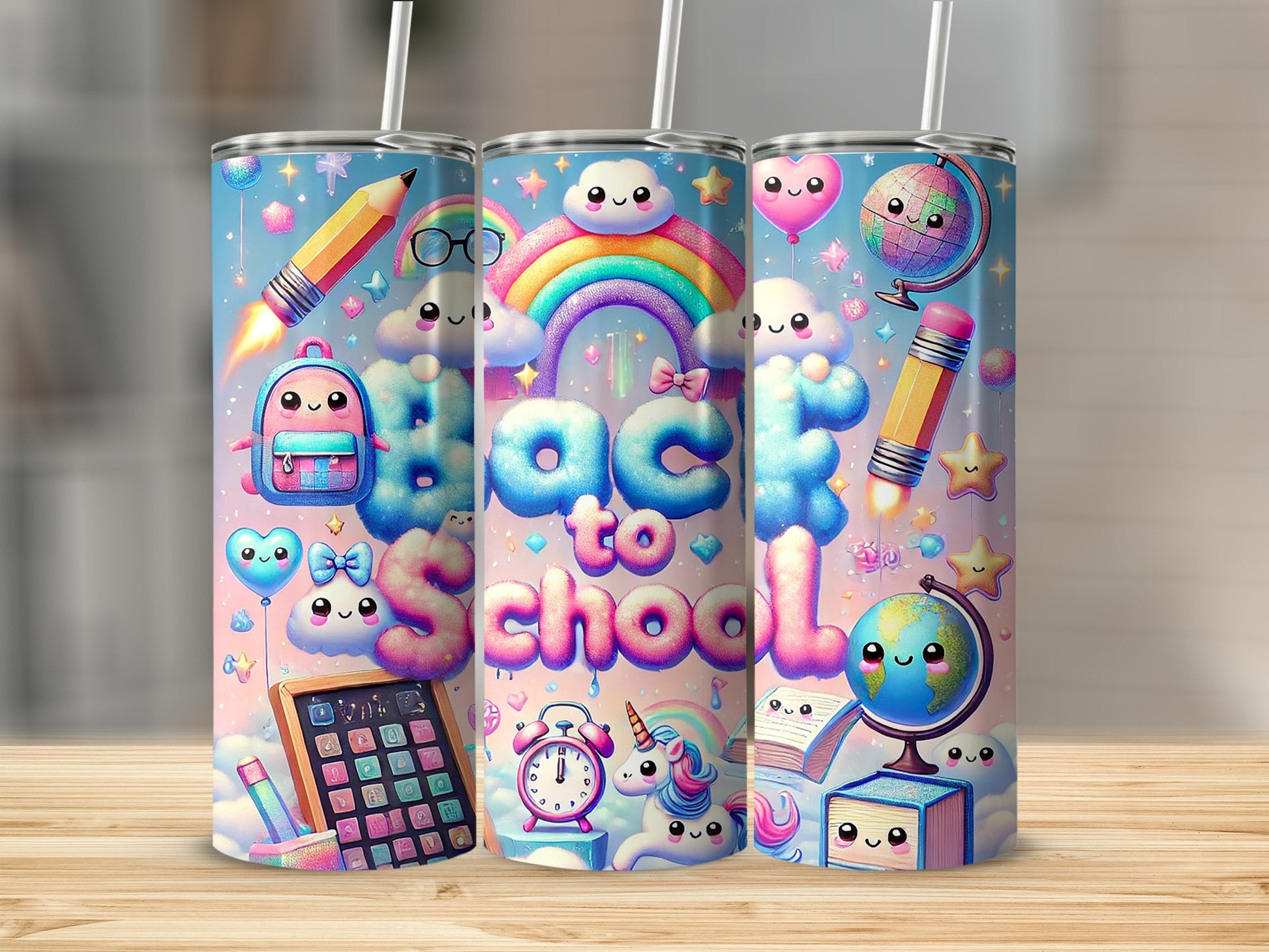 Three tumblers with cartoon school supplies and "Back to School" text.