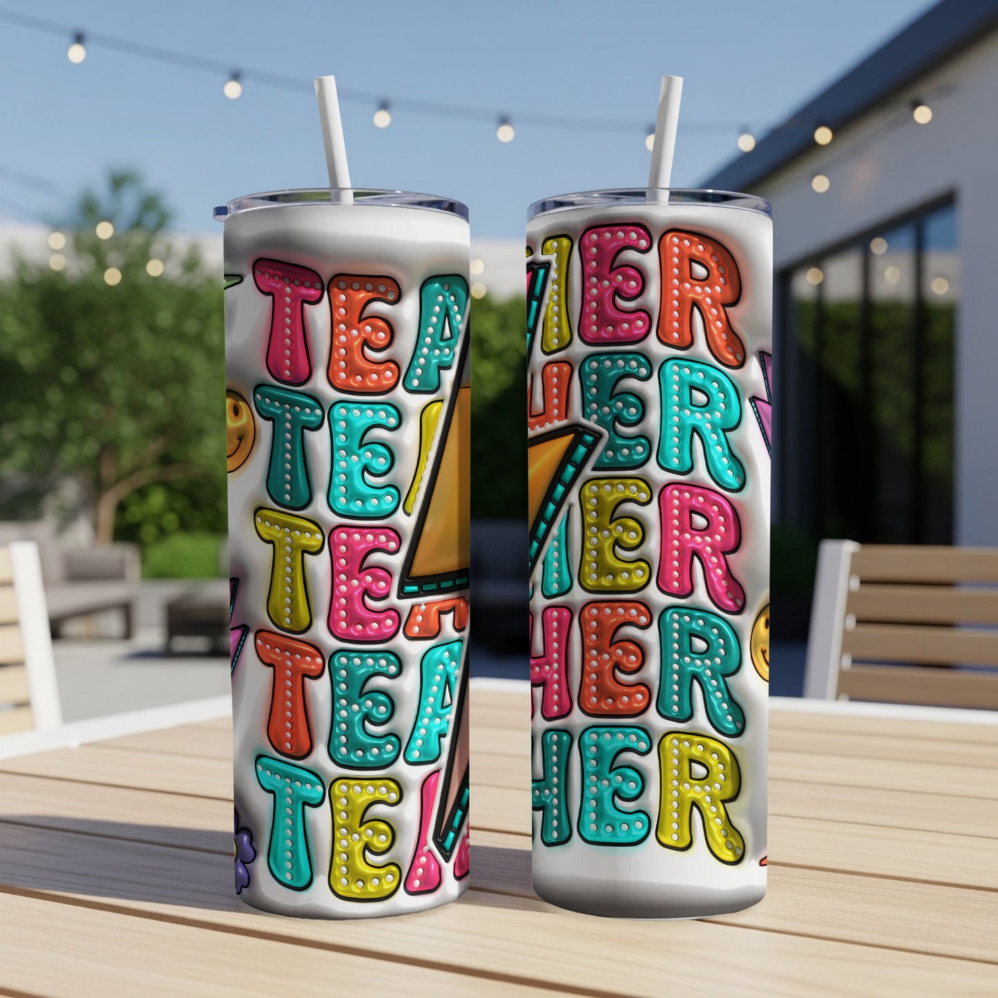 Two tumblers with "Teacher" in colorful bubble letters, outdoors.