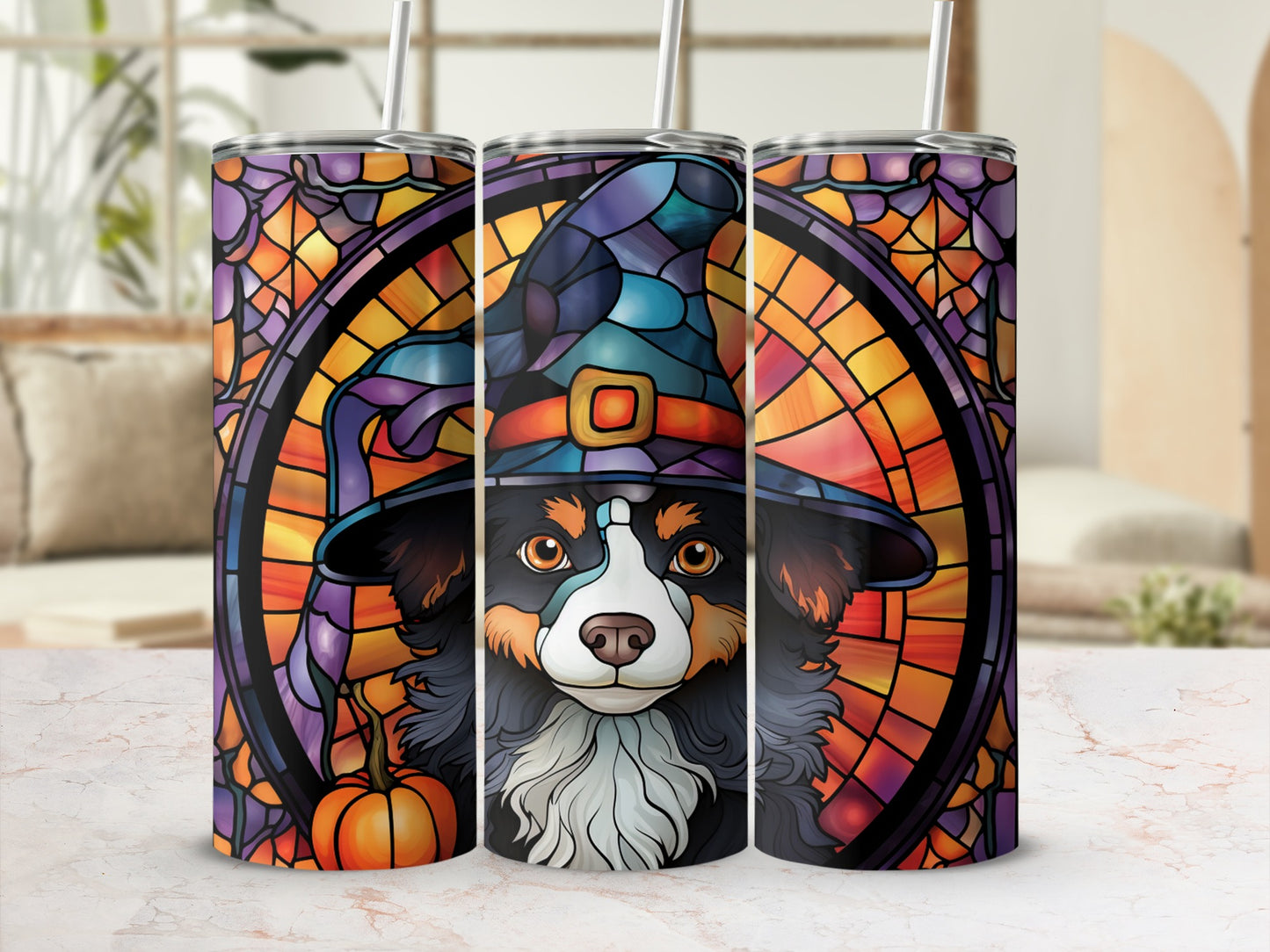 Dog wearing a wizard hat with a pumpkin in stained glass style.