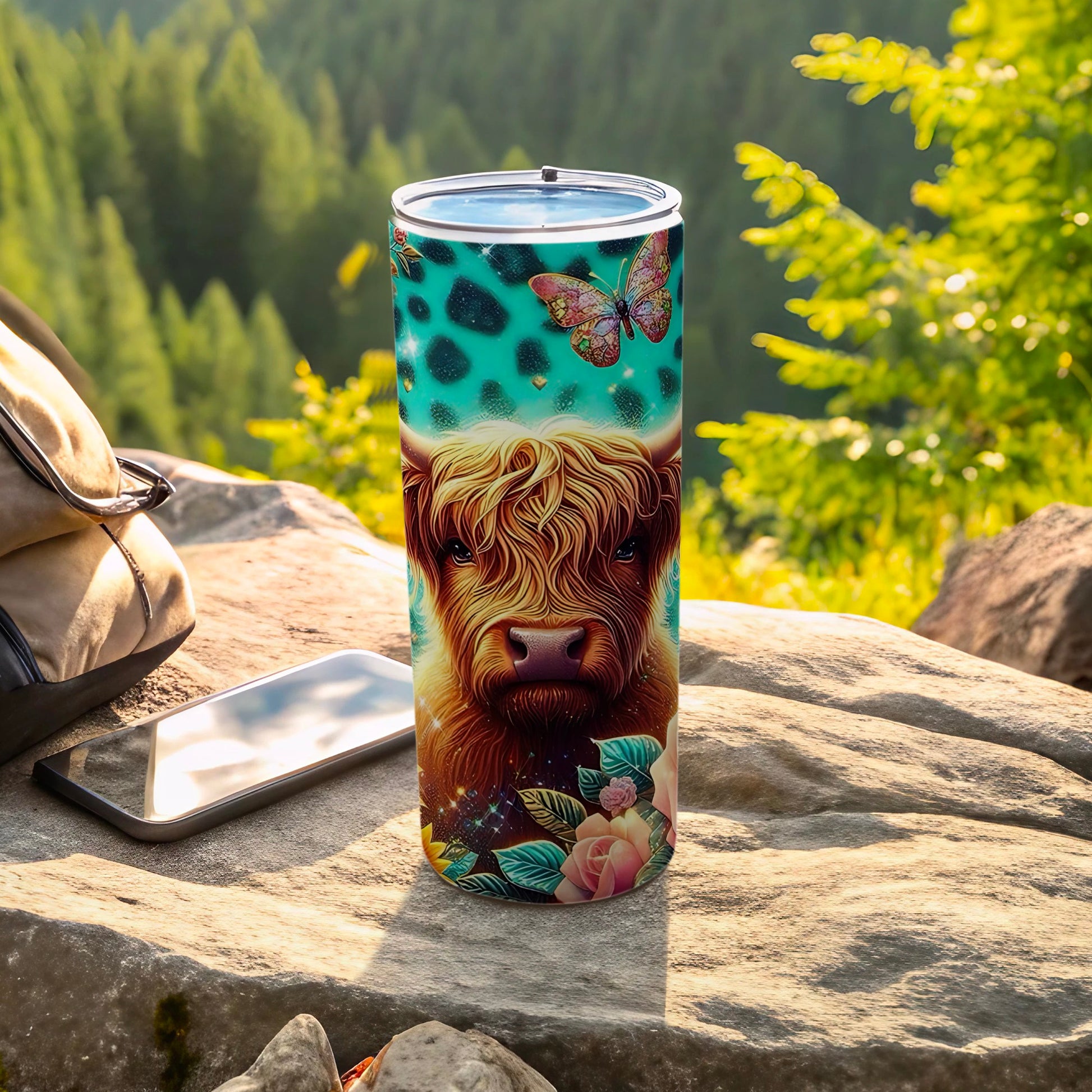 Highland Cow with Butterfly Tumbler for Outdoor Adventures