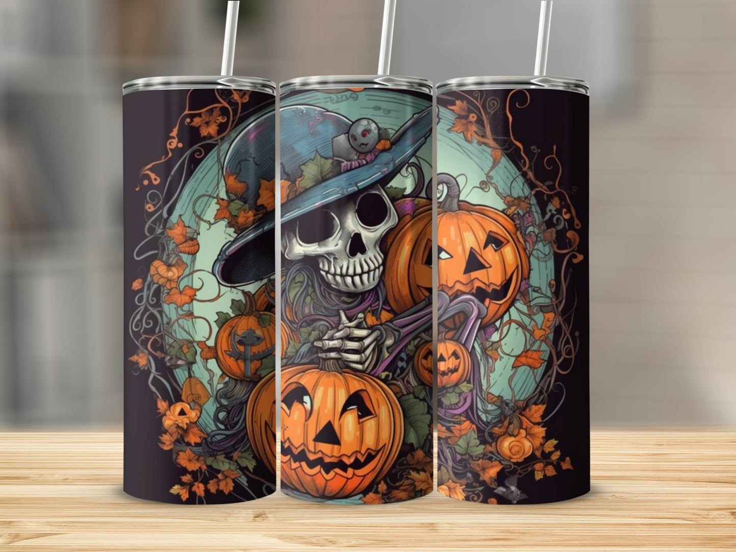 Halloween tumbler with a skeleton in a witch hat surrounded by pumpkins and fall leaves.