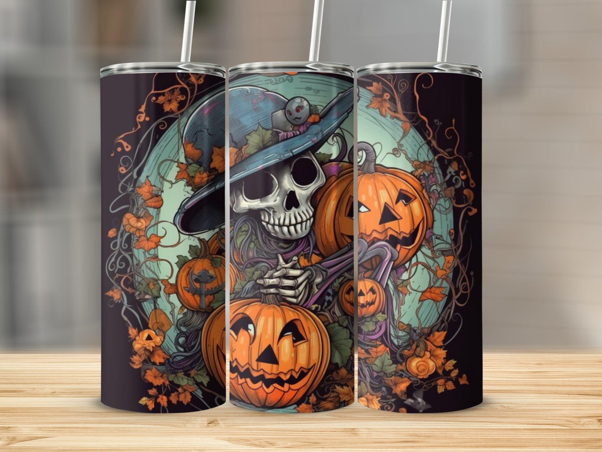 Halloween tumbler with a skeleton in a witch hat surrounded by pumpkins and fall leaves.