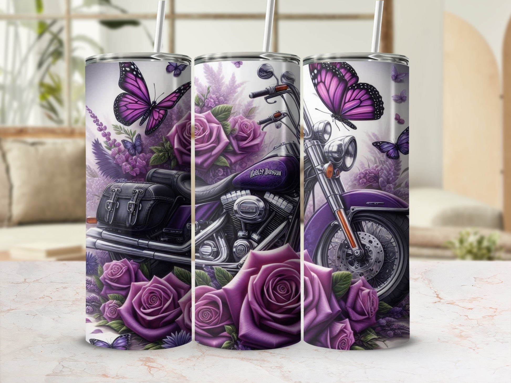 Purple Motorcycle Butterfly Rose Design Tumbler product type
