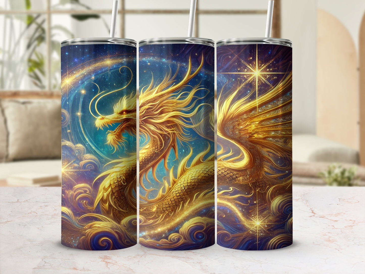 Elegant Golden Dragon Design Tumblers Set for Beverages