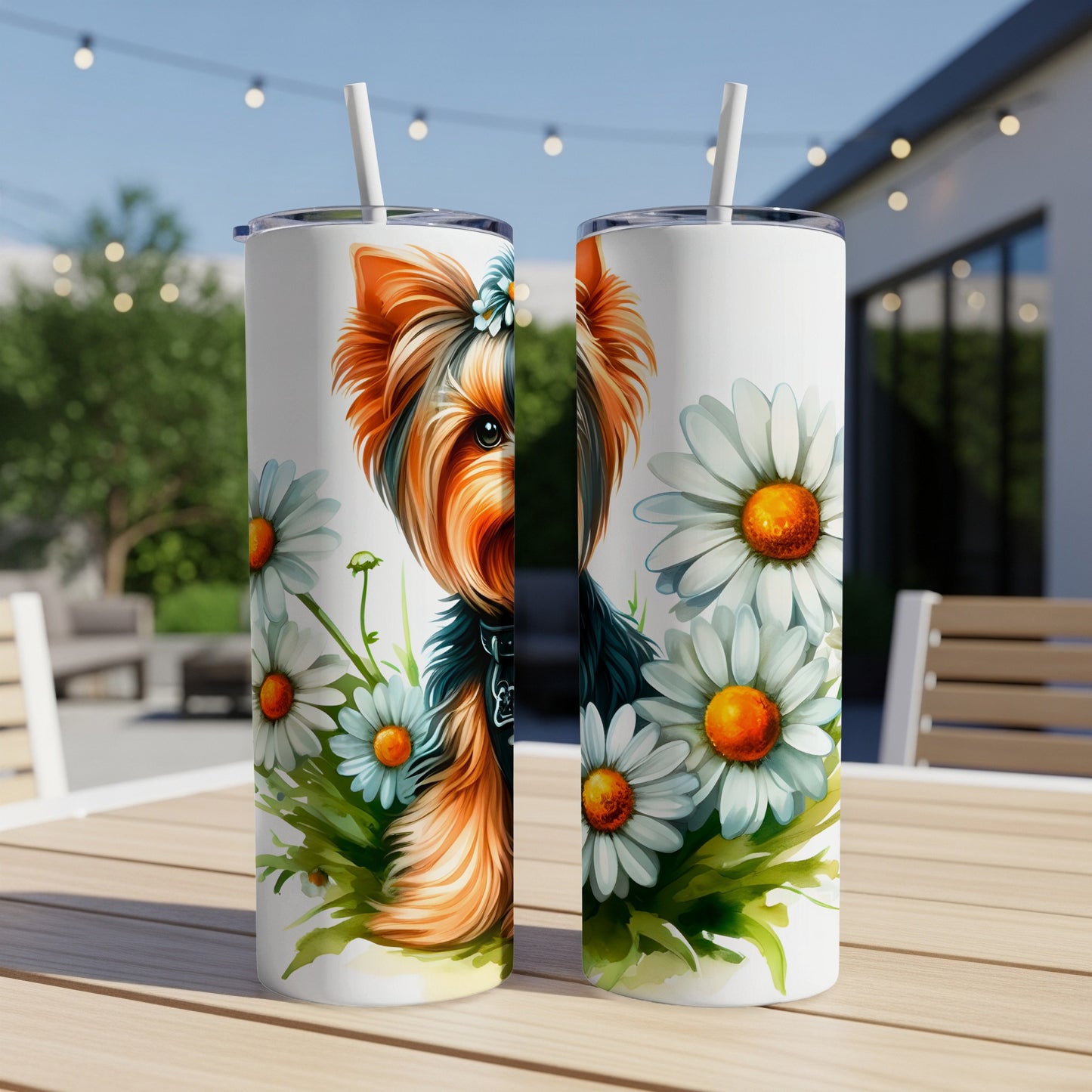 Two tumblers with a Yorkshire Terrier and daisies design, shown outdoors.