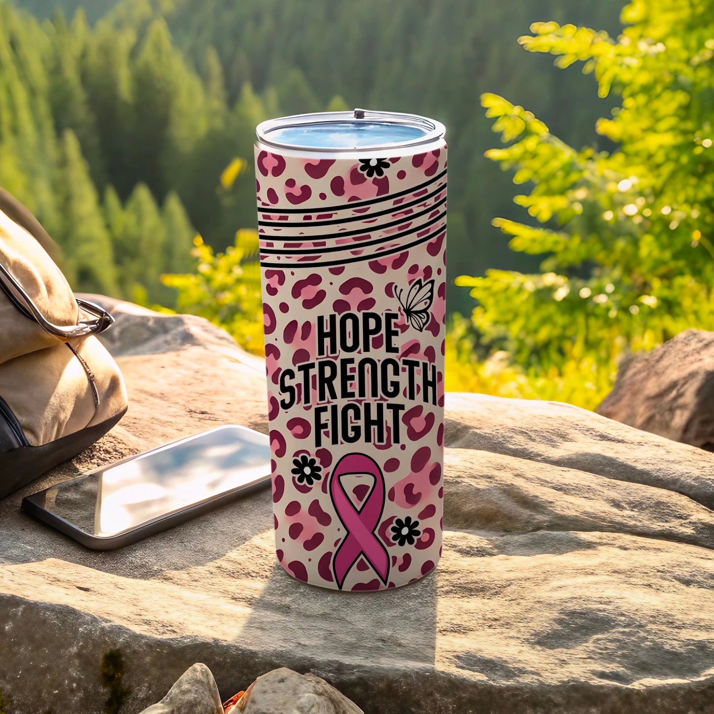 Pink leopard print tumbler with "Hope Strength Fight" text and butterfly.