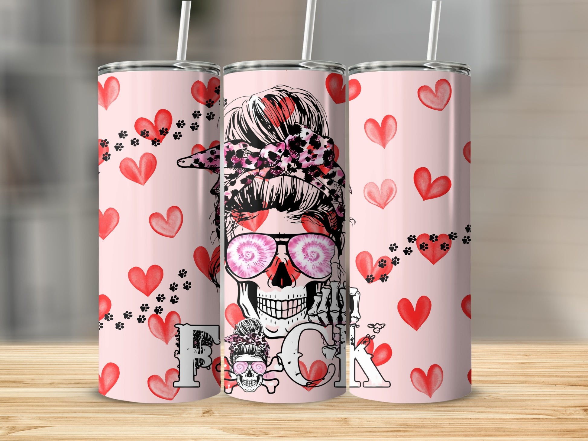 Pink Skull and Hearts Design Tumbler for Drinkware