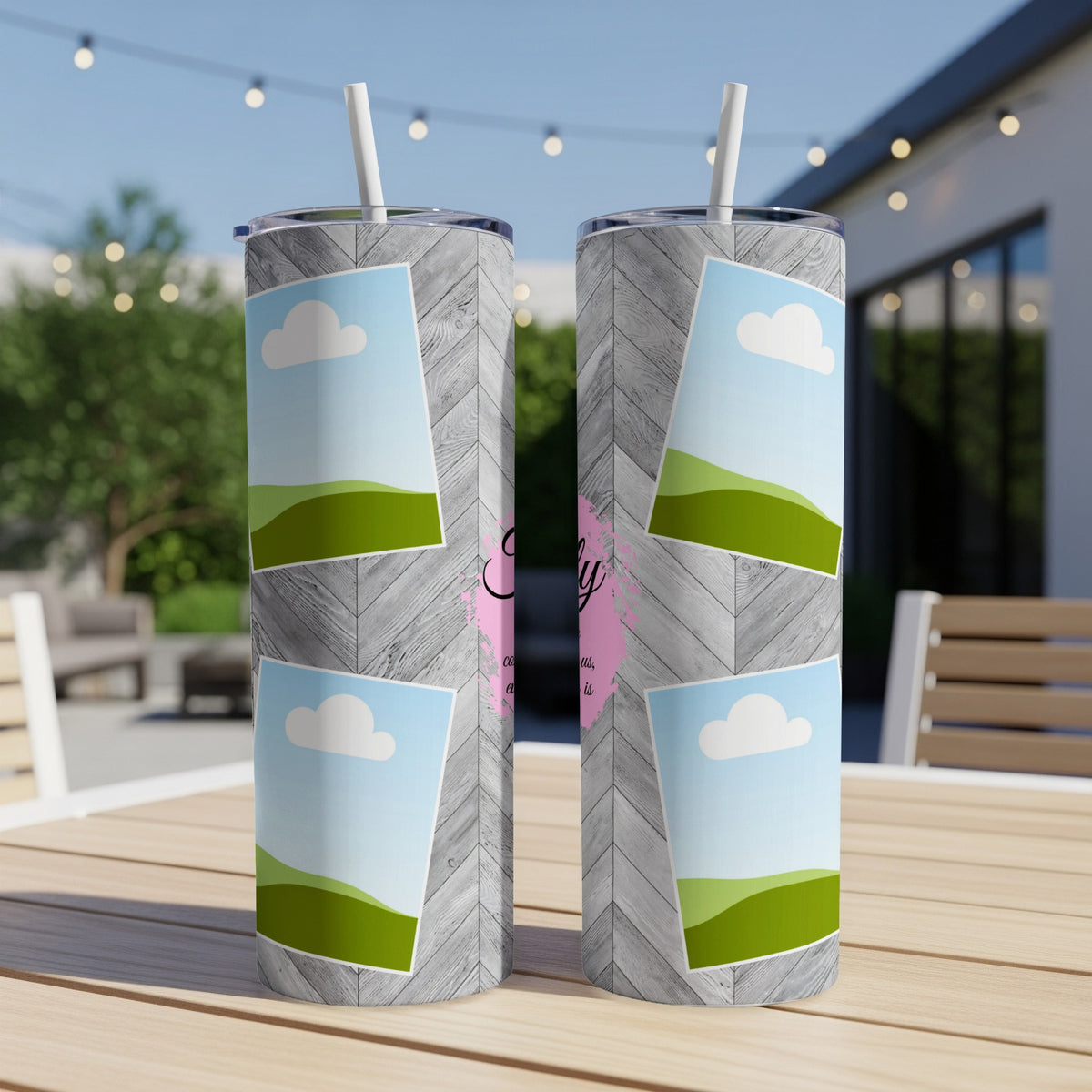 Two tumblers with a wood grain pattern, featuring landscape photos and pink text.