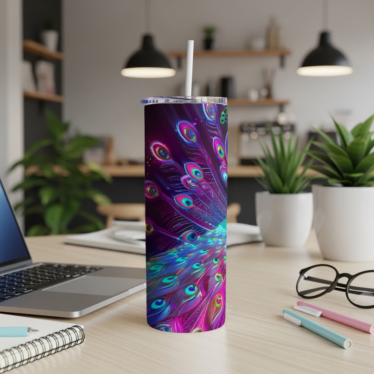 Purple and teal peacock feather design on a stainless steel tumbler with straw.