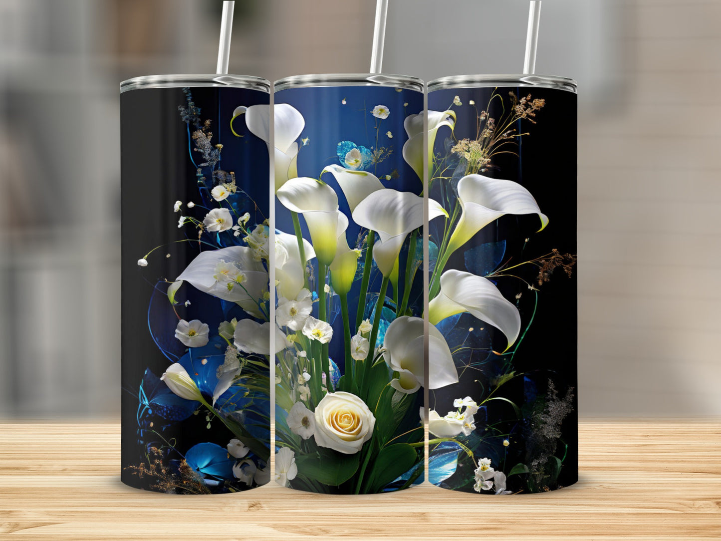 White calla lilies and rose bouquet on a dark background with blue accents.