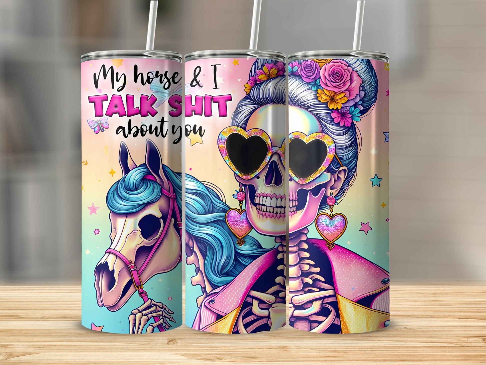 Pink horse and skull tumbler with hearts, flowers, and text "My horse & I talk shit about you."