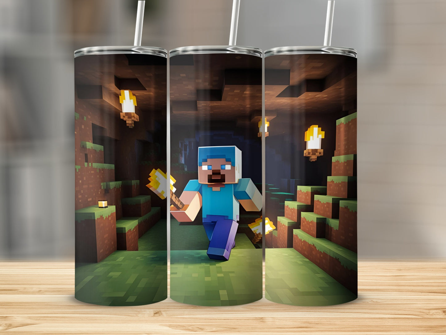 Minecraft character mining in a torch-lit cave with pickaxe.