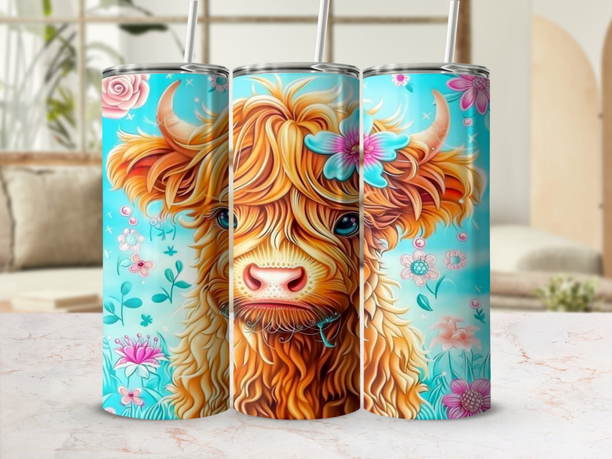 Highland Cow Floral Themed Tumbler Cups 3-Pack