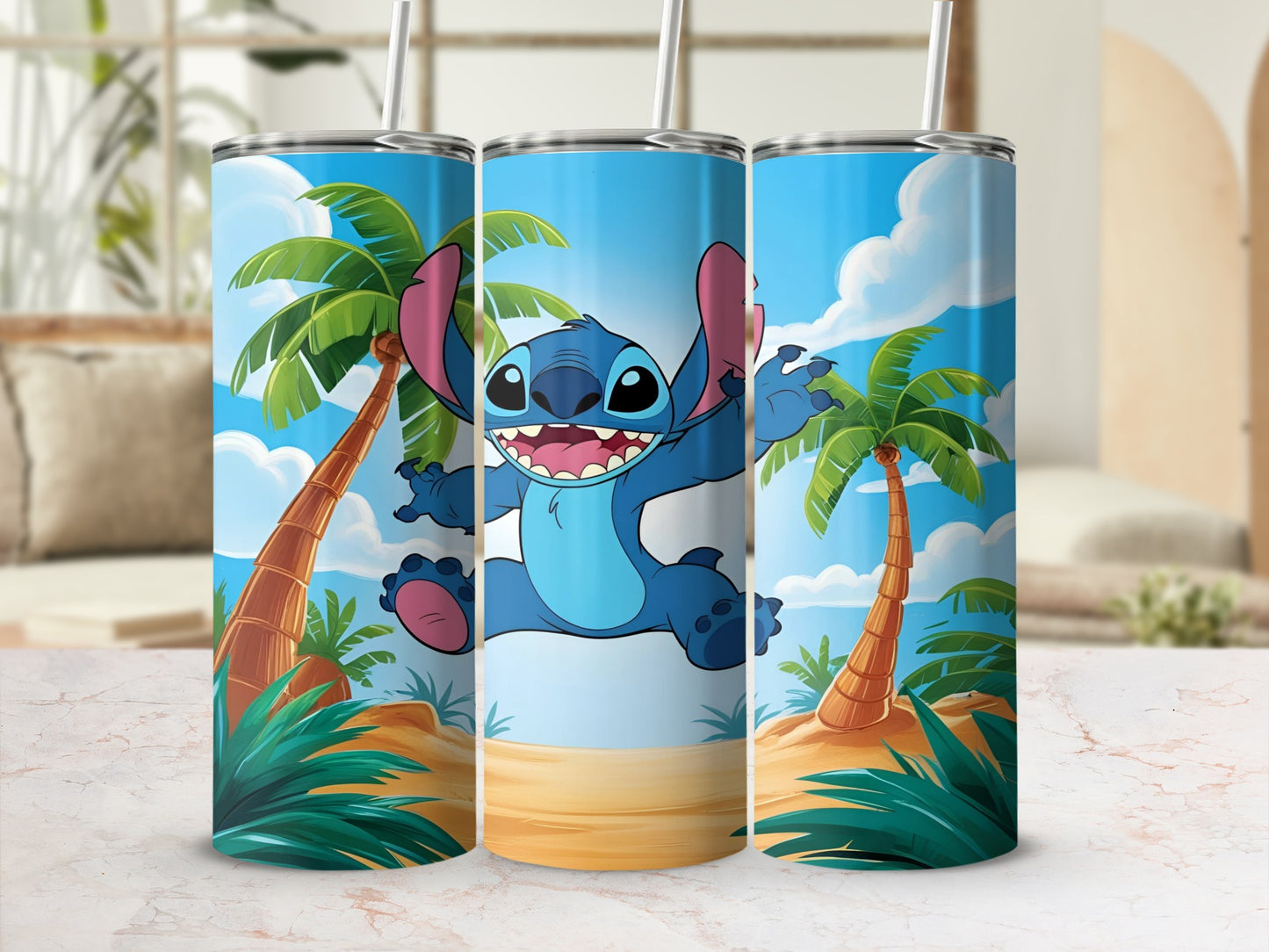 Stitch smiling and jumping on a tropical beach with palm trees.