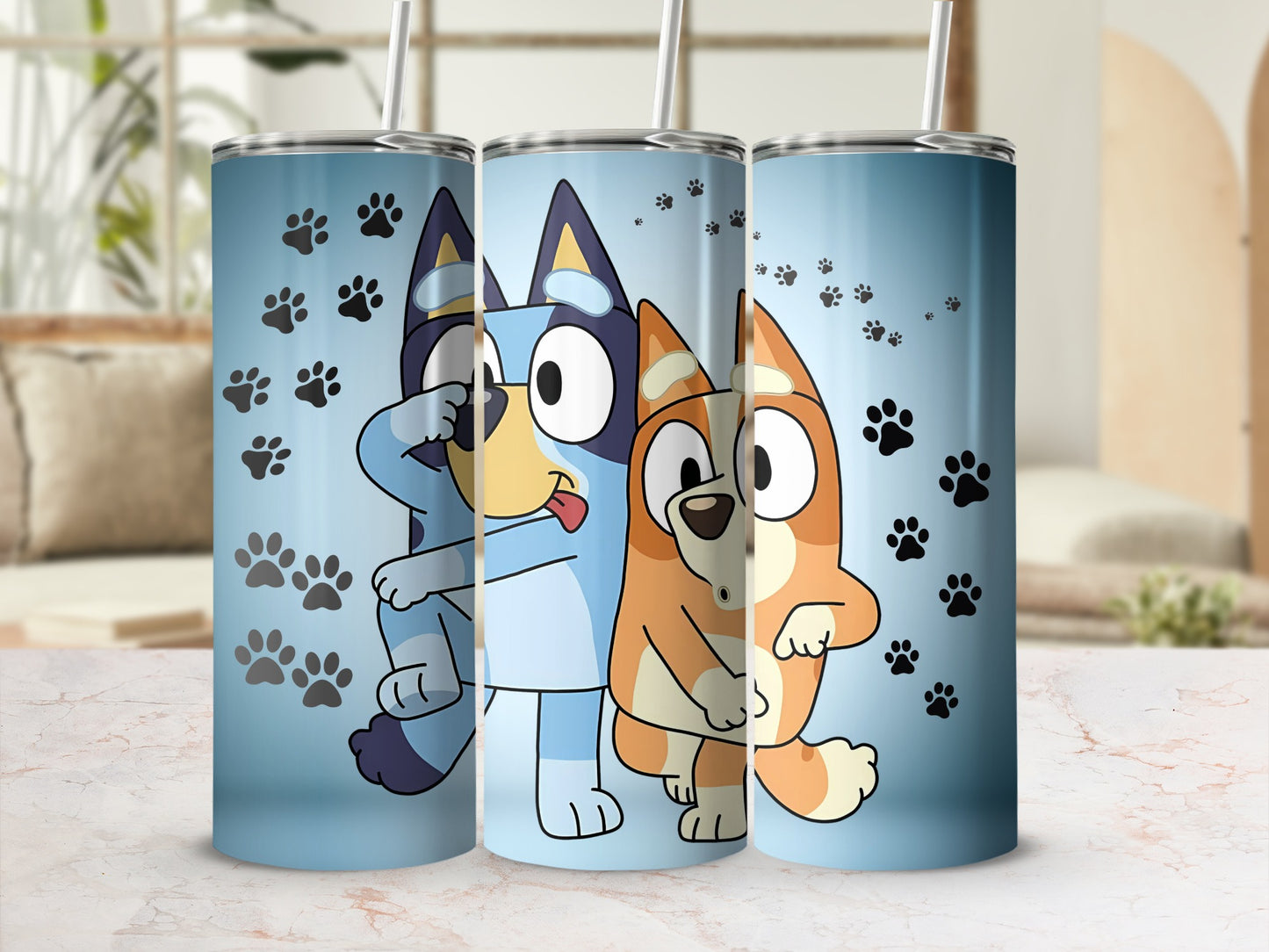 Cartoon Paws Blue and Orange Tumbler with Straw Design