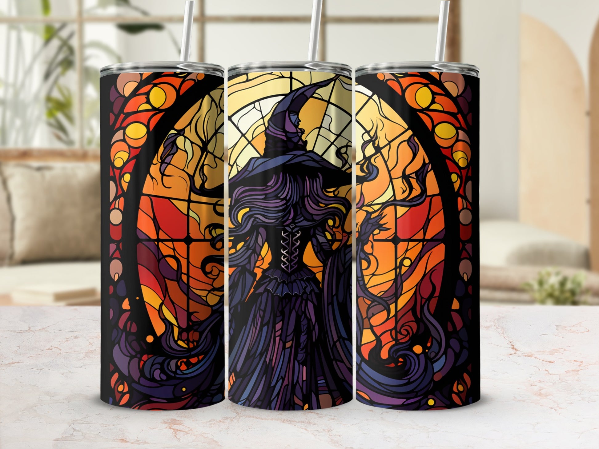 Witch silhouette with long dark hair and ornate dress, set against stained-glass style background.