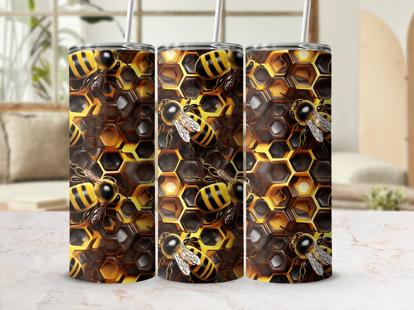 Tumbler with a honeycomb and bee pattern.