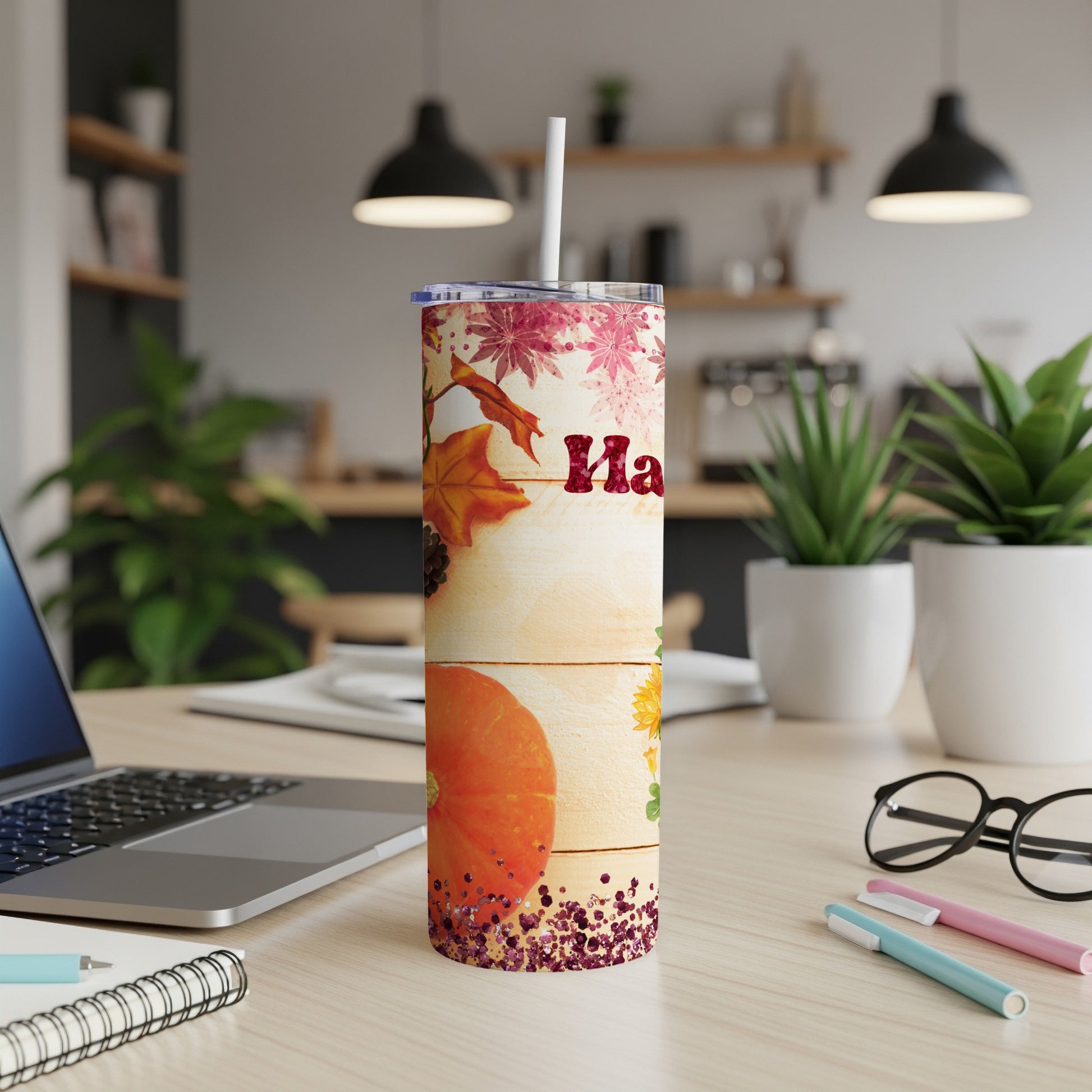 Autumn themed tumbler with pumpkin, leaves, and "Happy Fall" text.