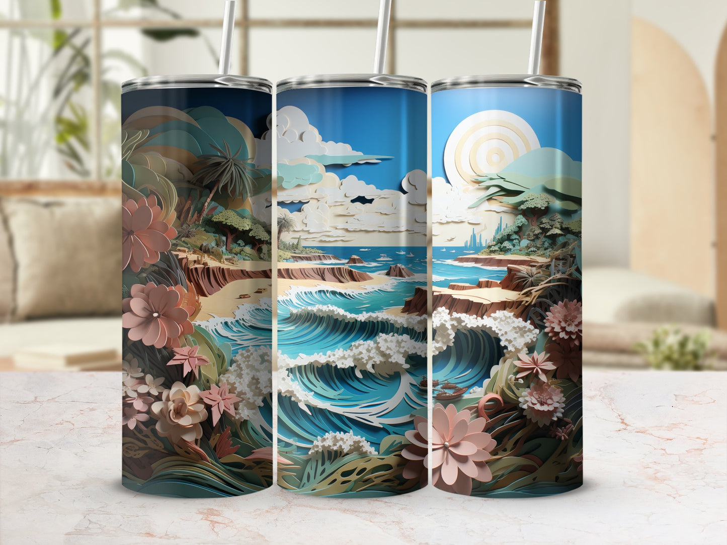 Three tumblers featuring a vibrant beach scene with stylized waves and flowers.