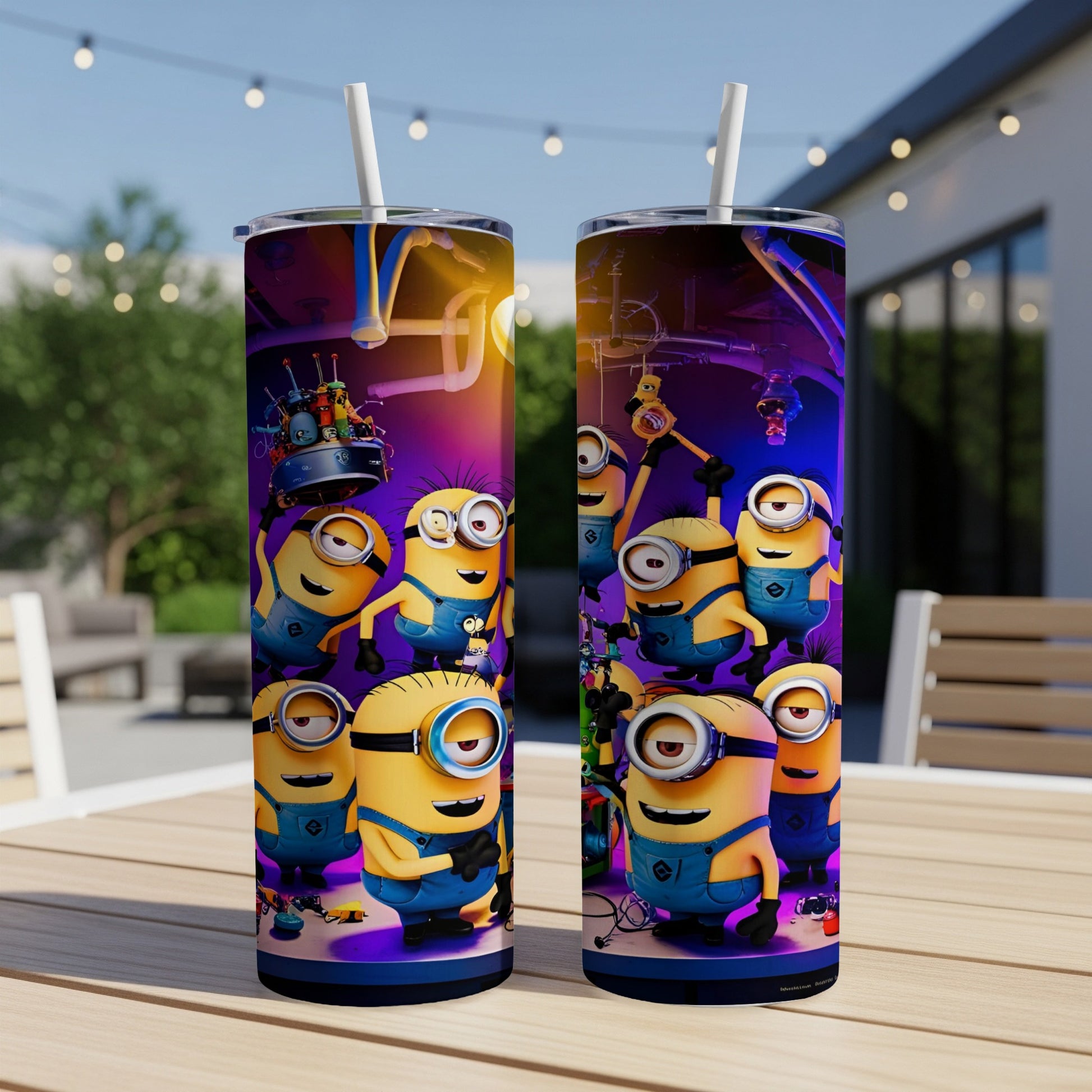 Minions in overalls posing for a product shot on a table outdoors.