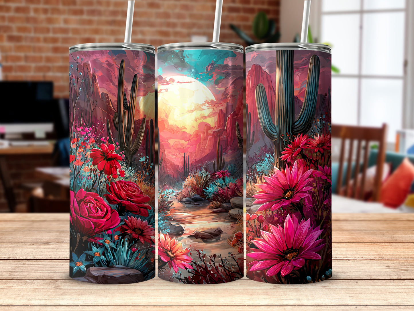 Scenic Floral Tumbler with Cactus Design 20oz