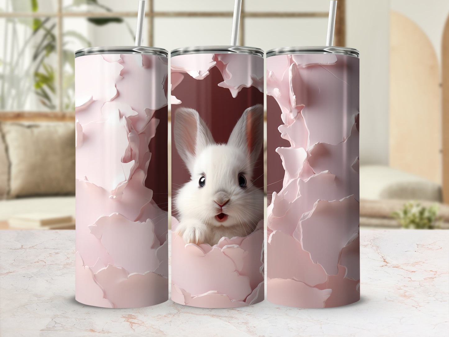 Cute White Bunny with Pink Floral Design Tumbler
