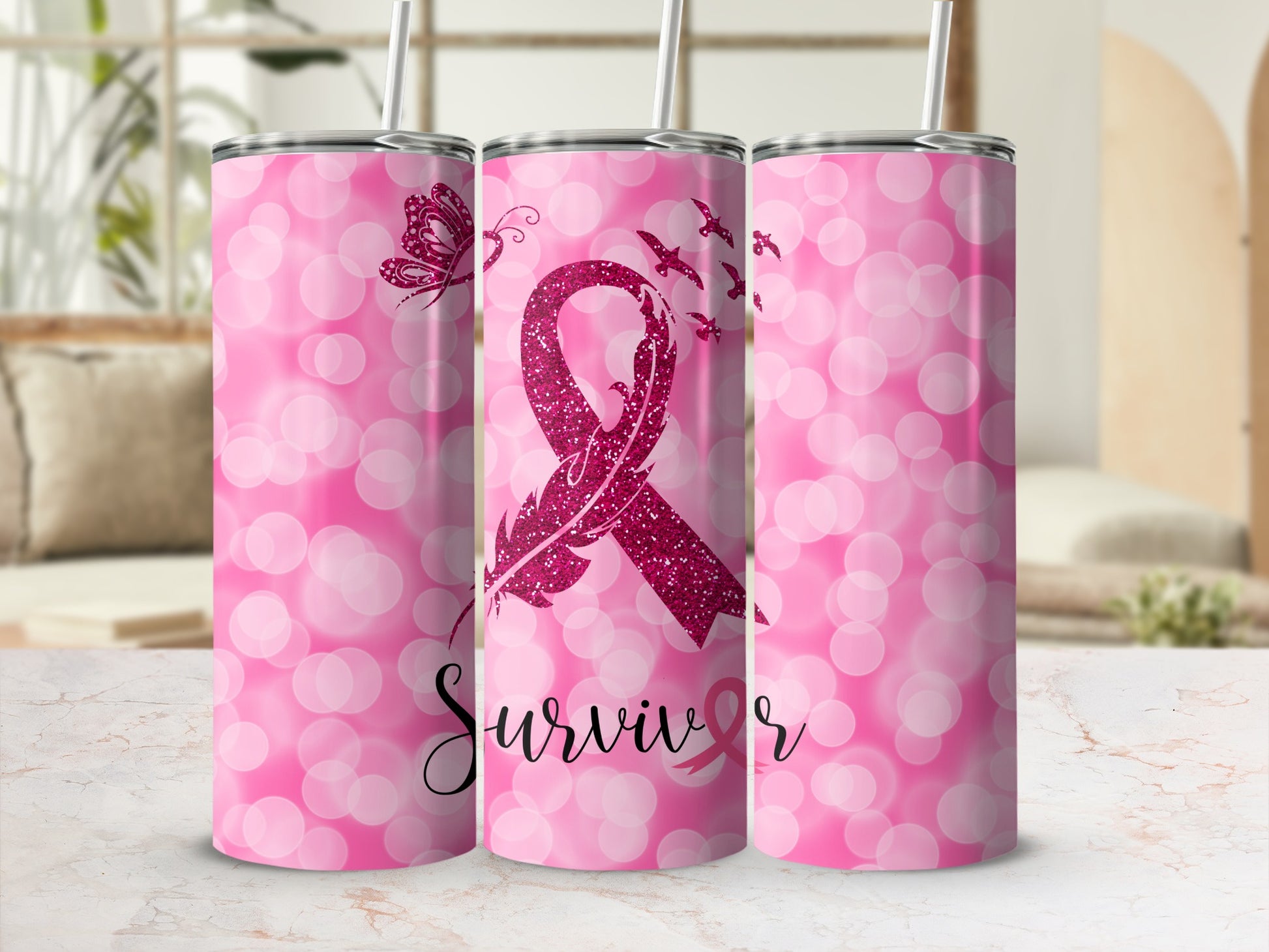 Pink glitter ribbon and butterfly tumbler with "Survivor" text.