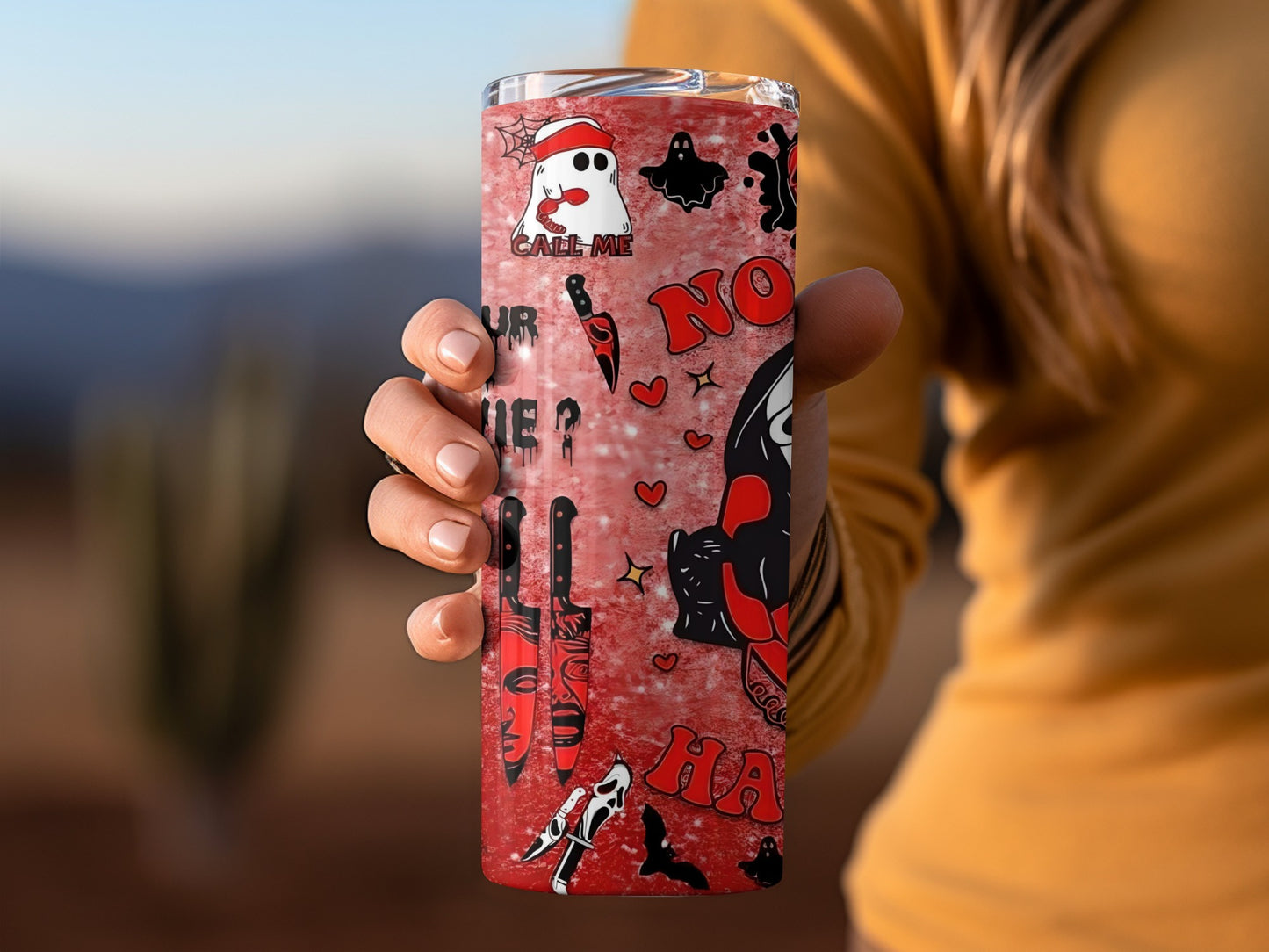 Horror Theme Insulated Tumbler with Ghost and Knife Design