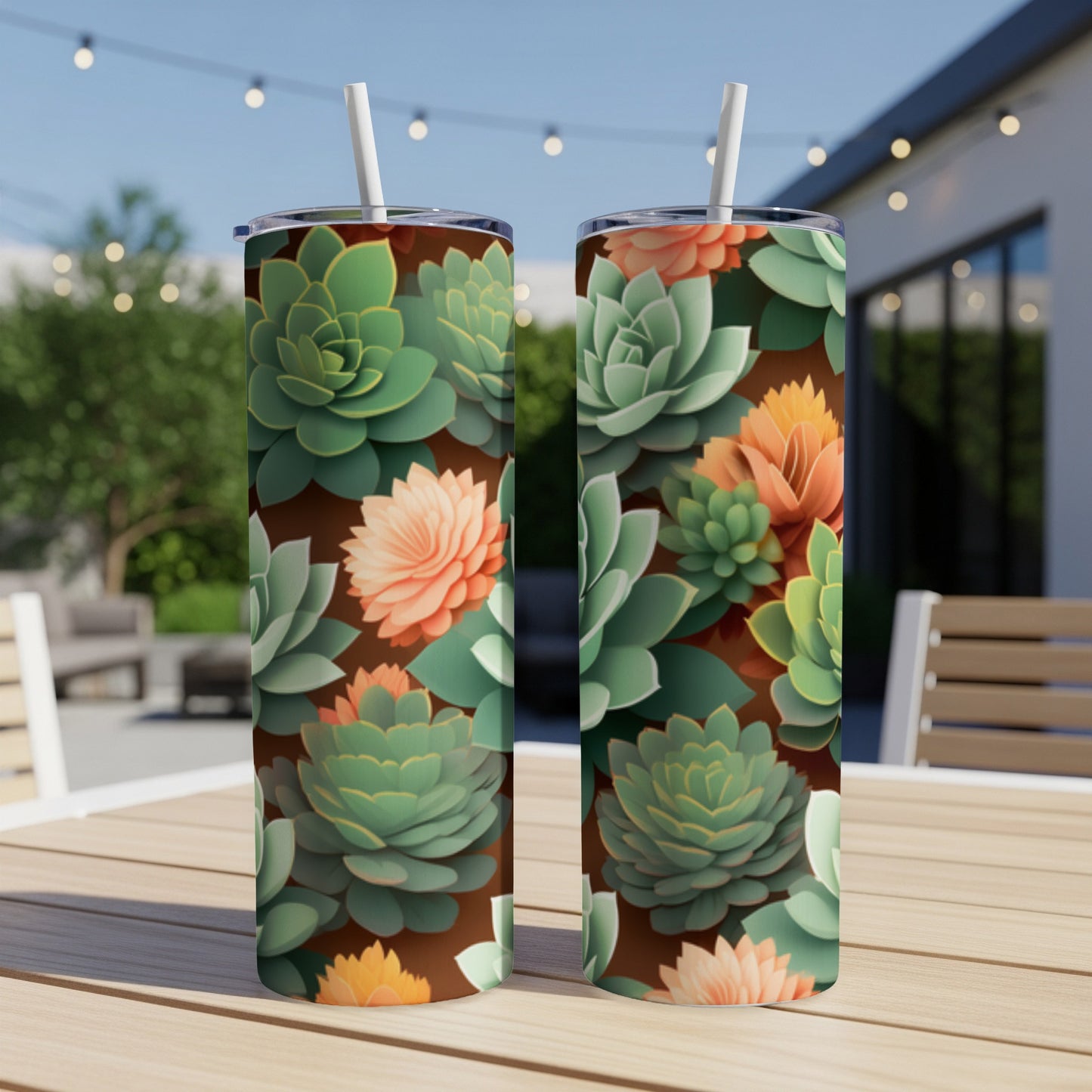 Two tumblers with a succulent floral pattern displayed on an outdoor table.