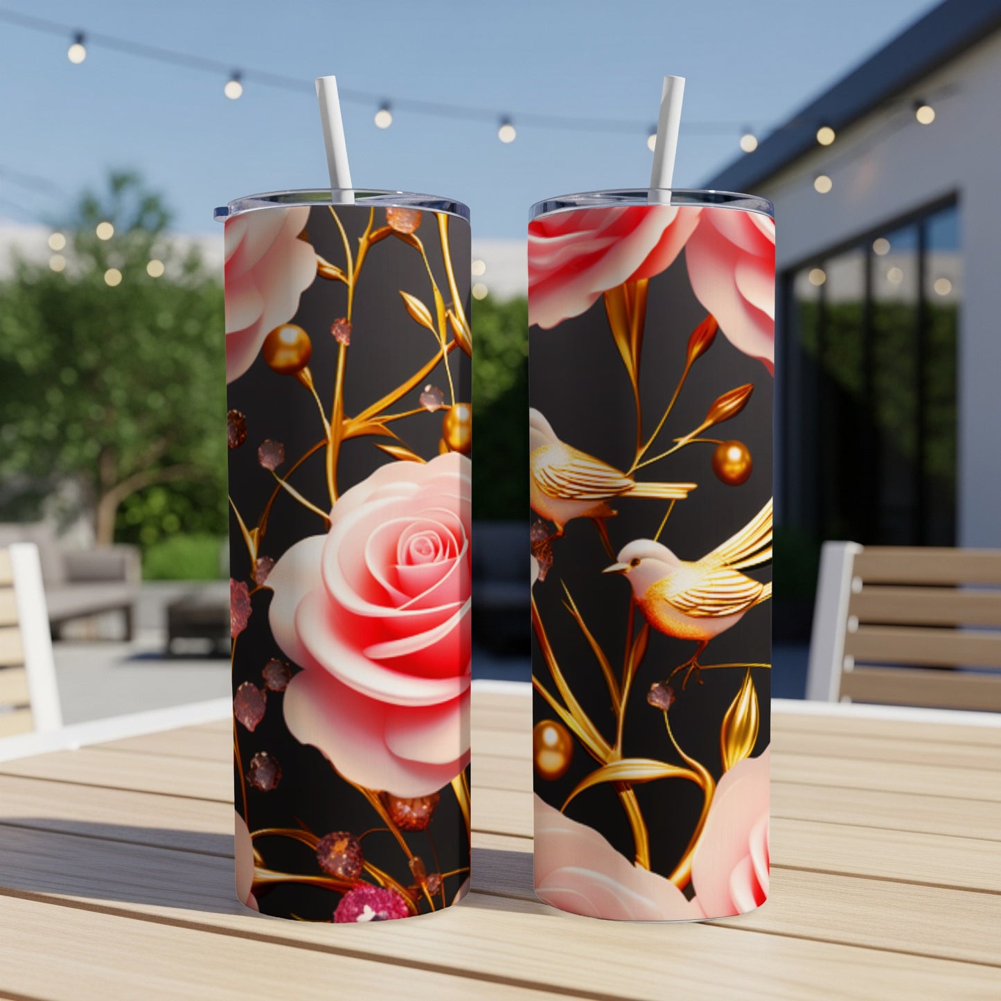 Pink roses, gold accents, and birds on a black tumbler with straw.