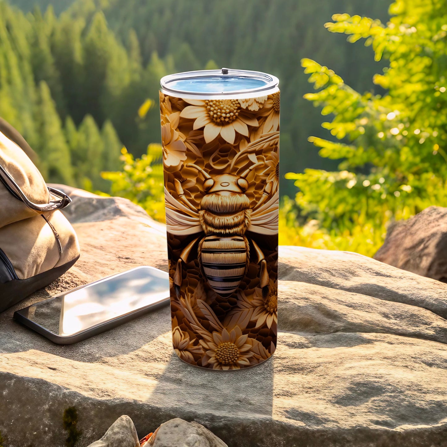 Detailed bee flower honeycomb design tumbler product type
bee, honeycomb, flower, floral, tumbler, travel mug, nature inspired, outdoor adventure, forest theme, woodland design, rustic style, carved look, embossed effect, wildlife pattern, insect art, drinkware, portable cup, unique design, gift idea, outdoors life