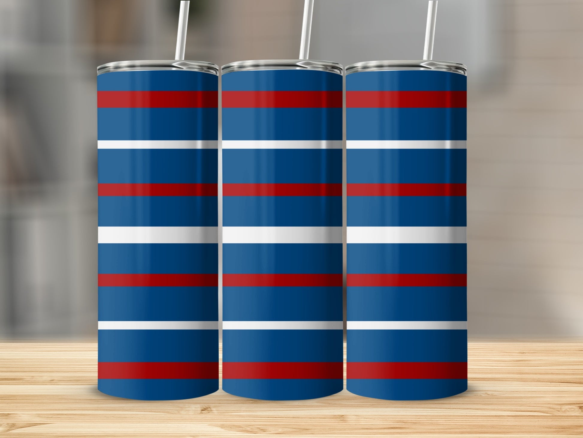 Three tumblers with red, white, and blue horizontal stripes.