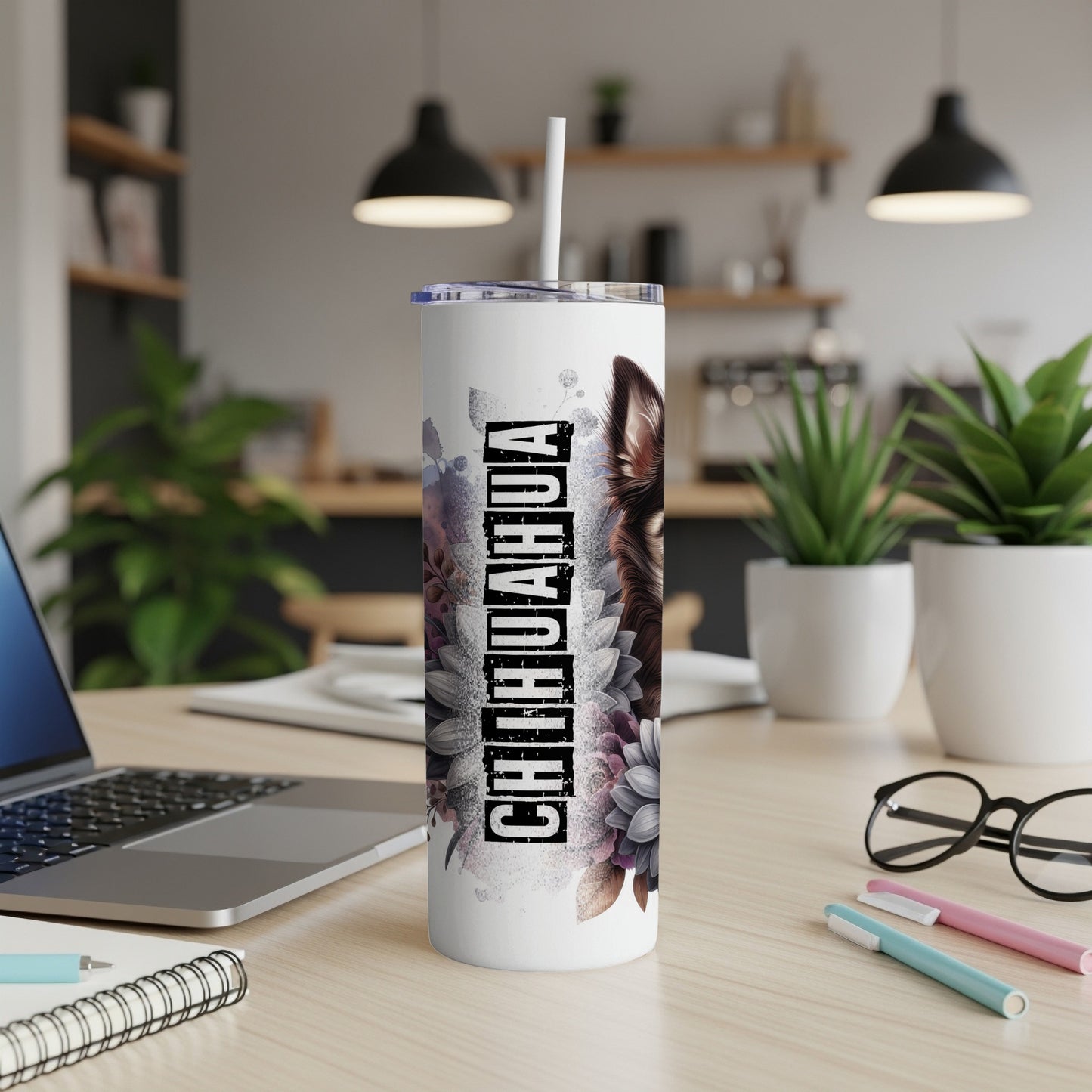 White tumbler with "Chihuahua" text and floral dog graphic.