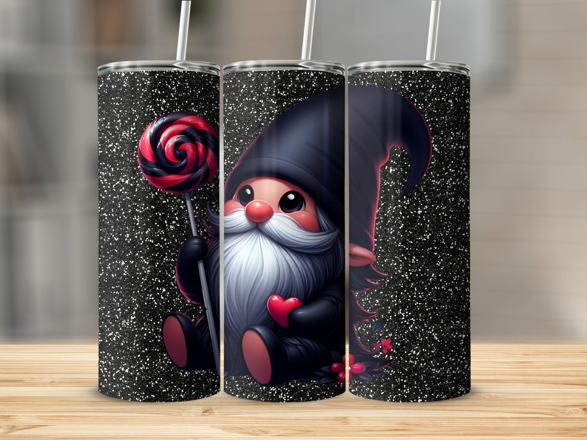 Cute Gnome with Lollipop Black Sparkle Tumbler