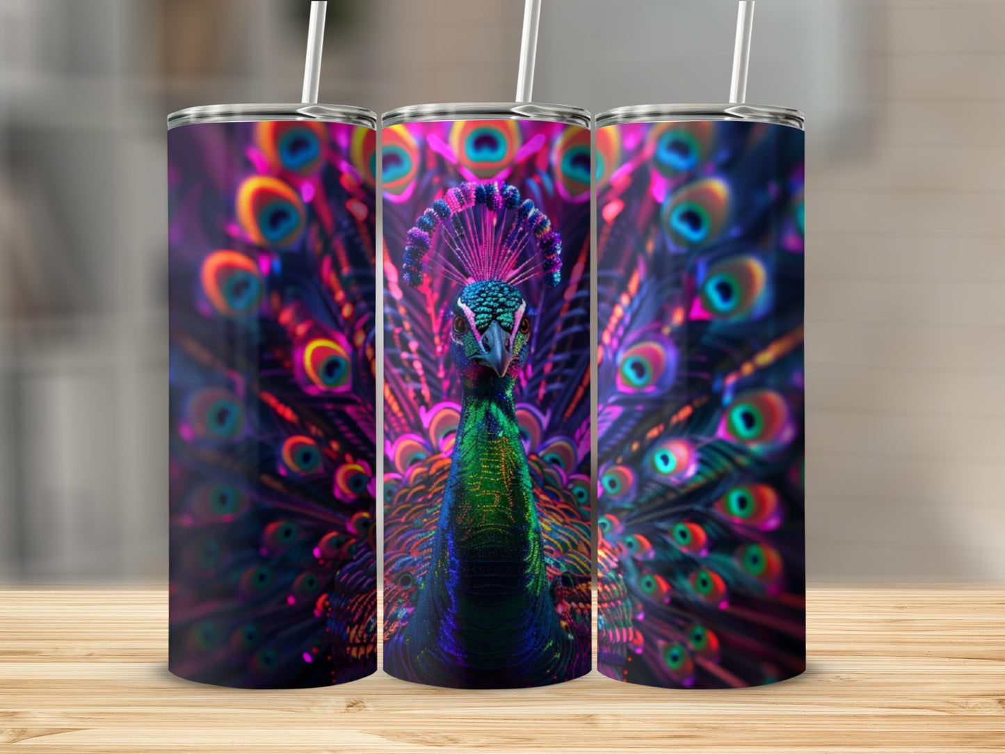 Three tumblers featuring a colorful peacock with fanned tail feathers.