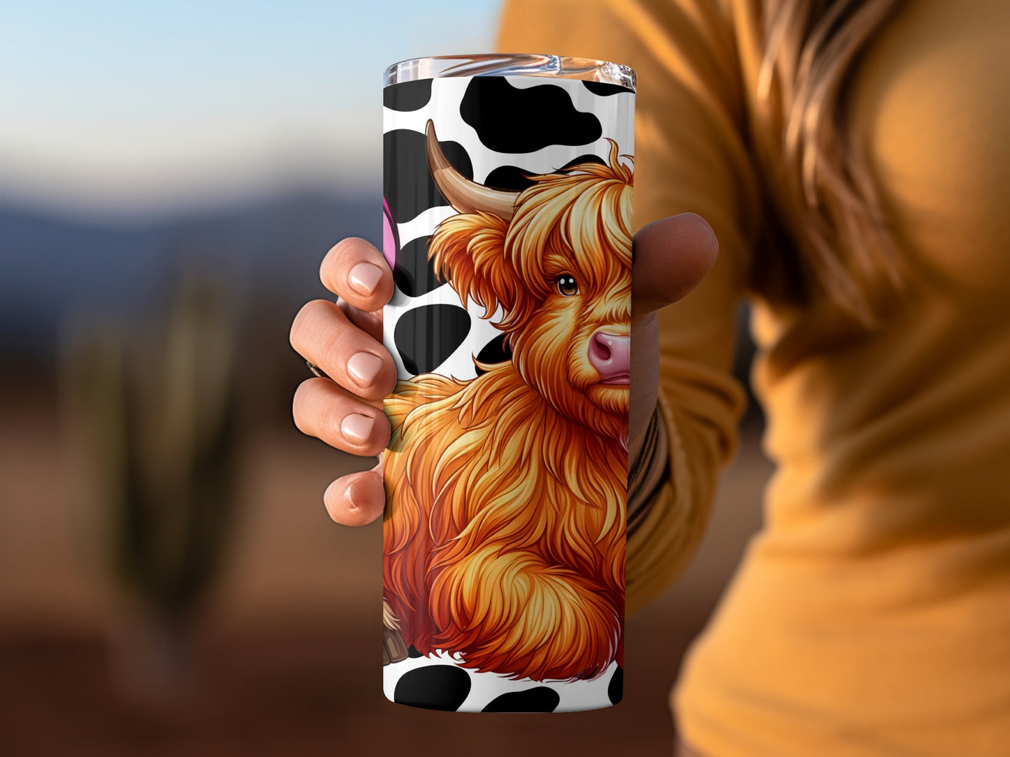 Highland Cow Illustrated Tumbler with Cow Print Design